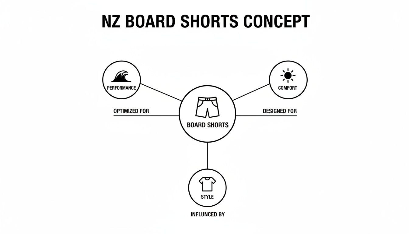 NZ board shorts concept map illustrating optimization for performance, design for comfort, and influence by style.