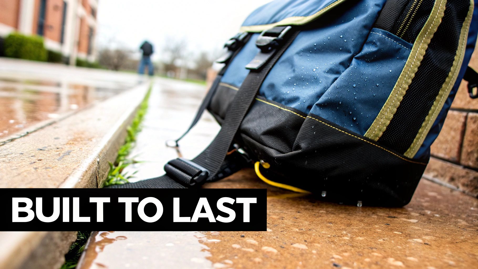 A durable blue and black backpack with water droplets sits on a wet concrete path.