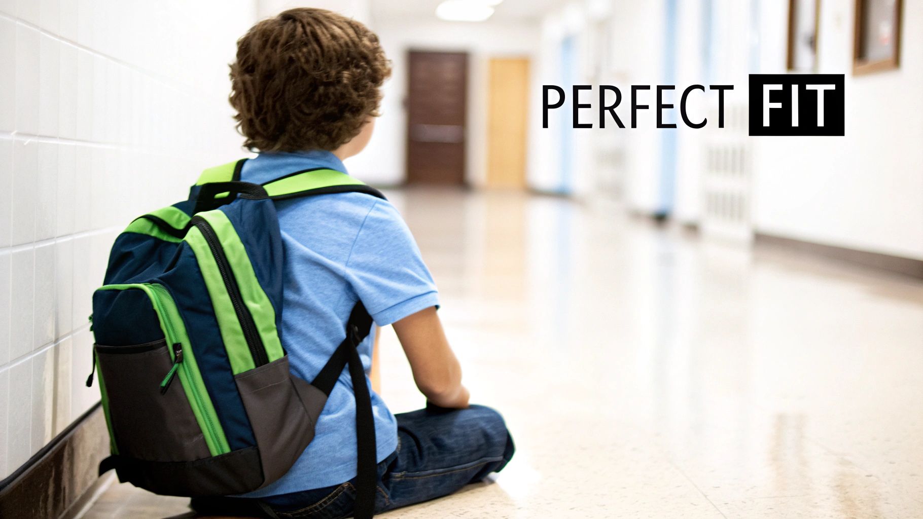 Young boy with a blue and green backpack sitting in a school hallway, facing away.