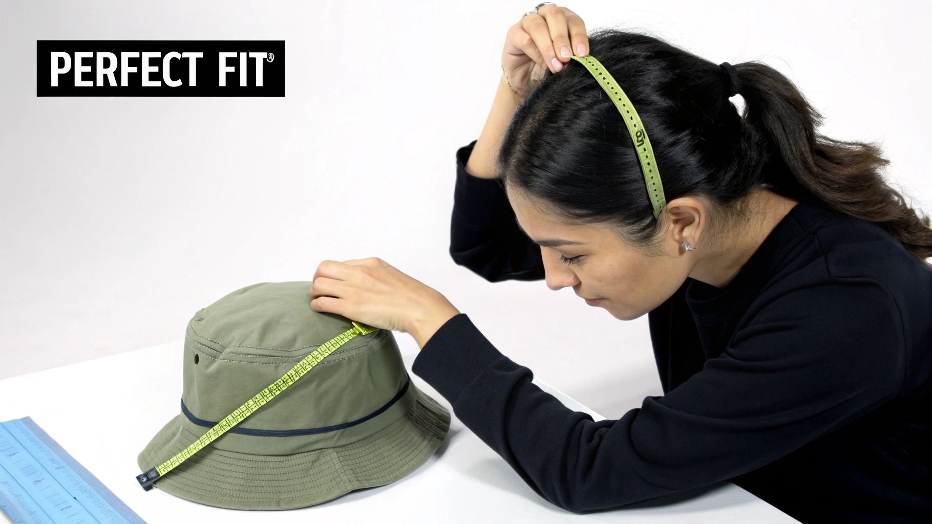 A woman meticulously measures her head and a bucket hat, aiming for a perfect fit.