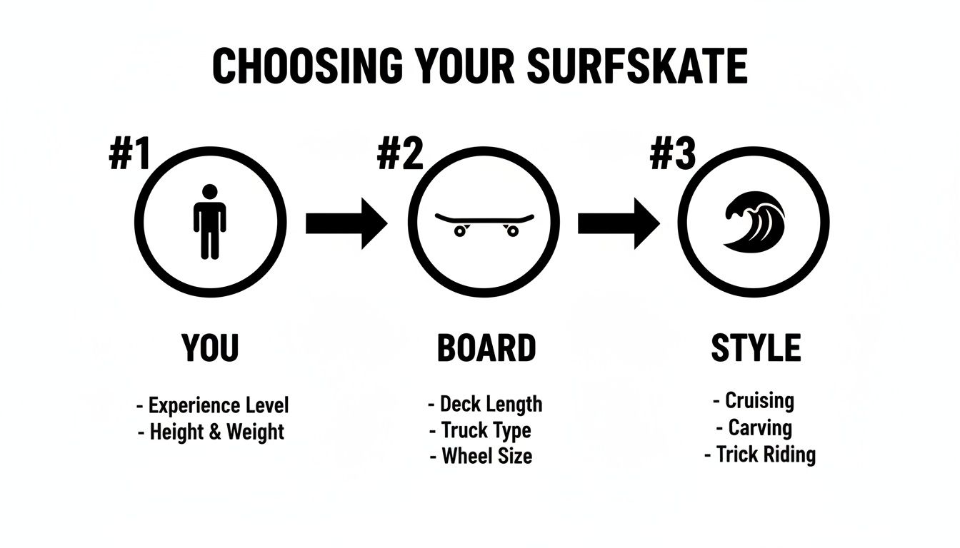 Diagram illustrating the three key factors for choosing a surfskate: rider, board specifications, and riding style.