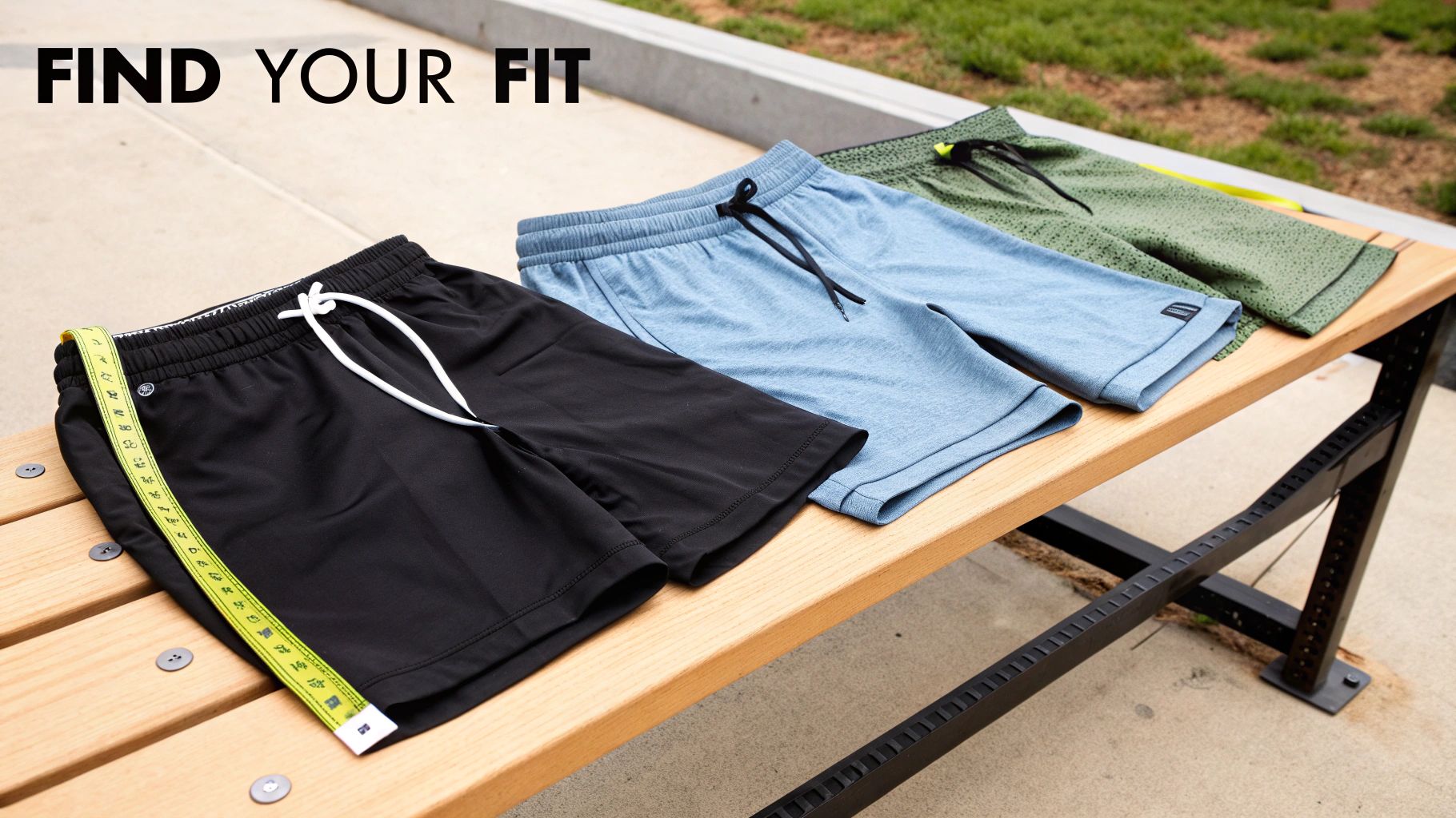 Three pairs of athletic shorts in black, blue, and green with a measuring tape on a bench.