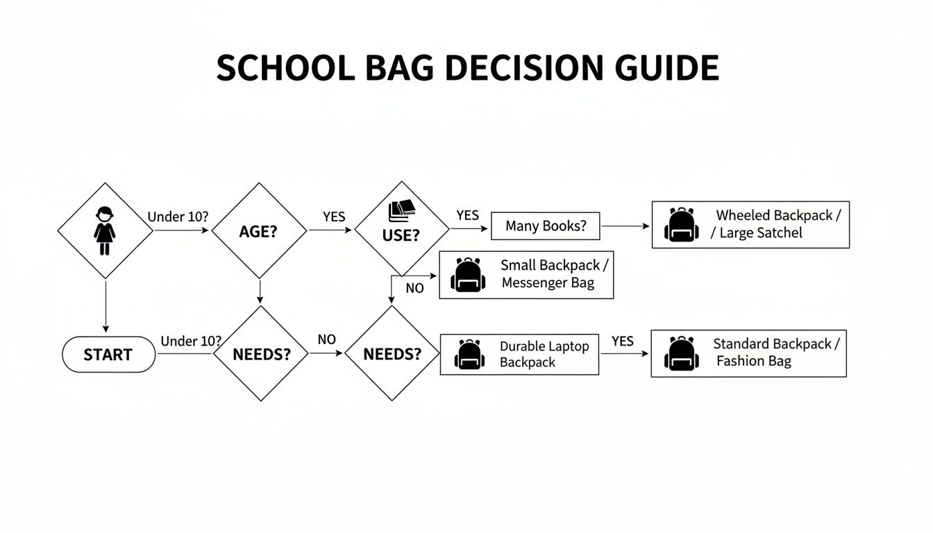 A flowchart titled 'SCHOOL BAG DECISION GUIDE' helps determine the best school bag based on age, use, and needs.