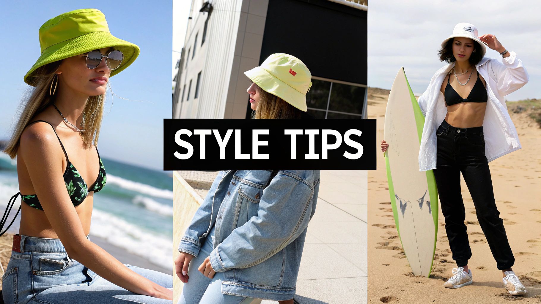 Three young women demonstrating stylish bucket hat fashion and diverse outfit style tips.