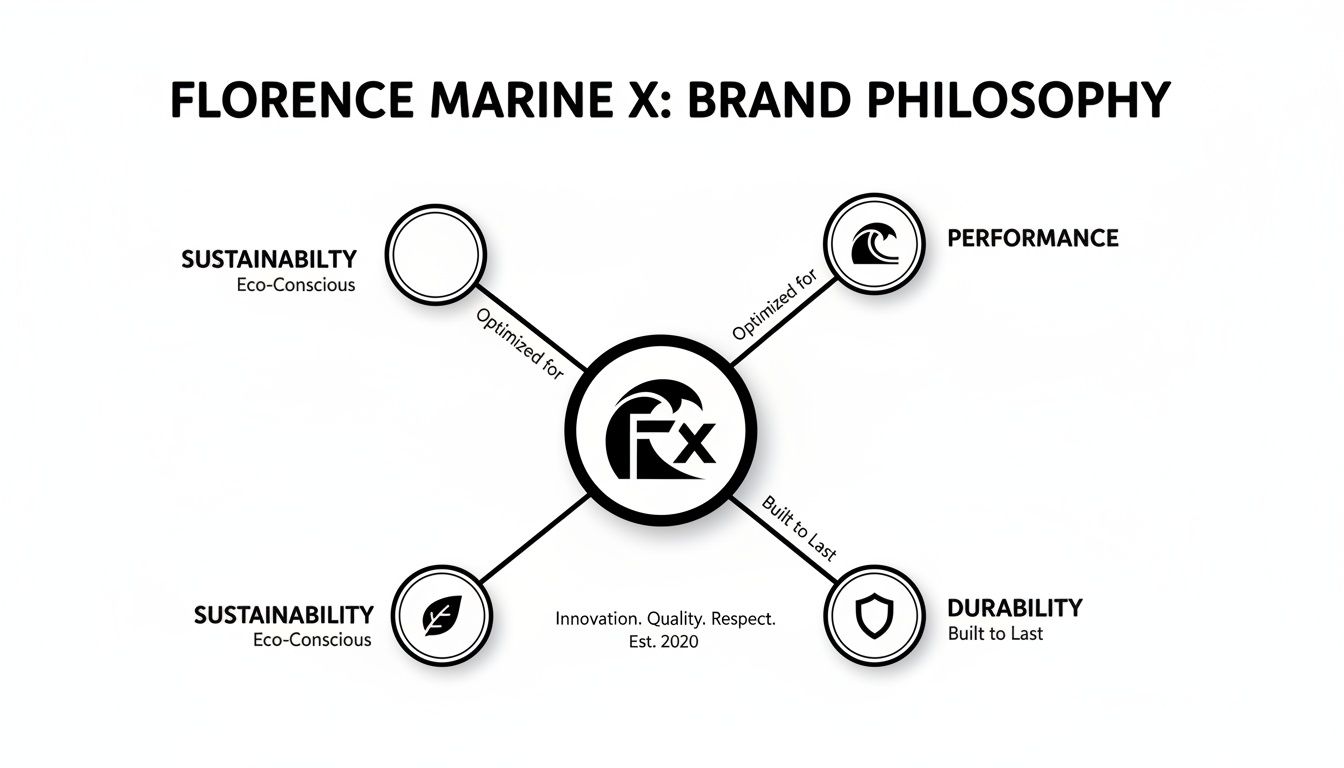Diagram showing Florence Marine X brand philosophy with sustainability, performance, and durability as core values.
