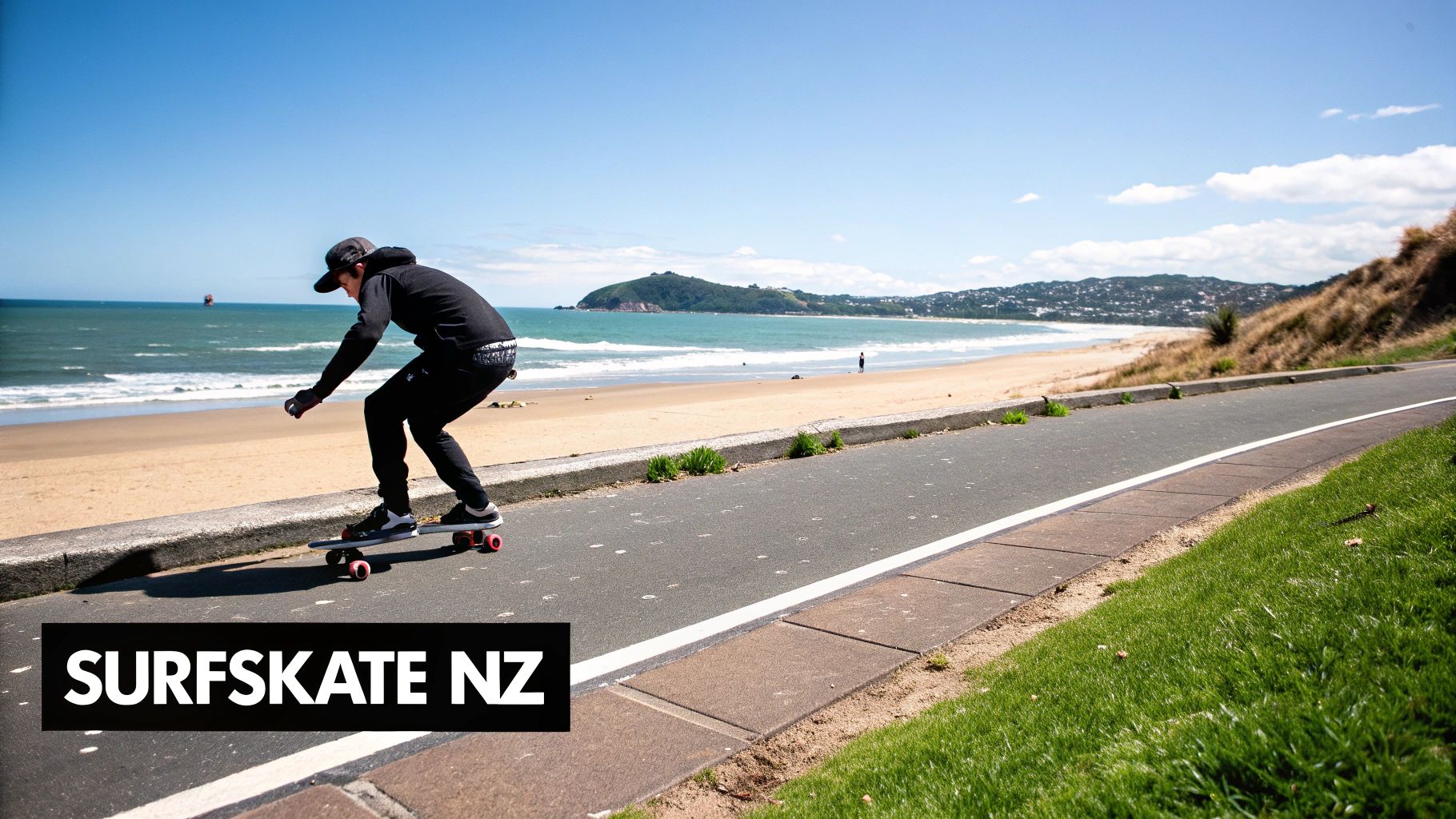 A person surfskates on a coastal road with a beach, ocean, and distant hill under a clear sky.