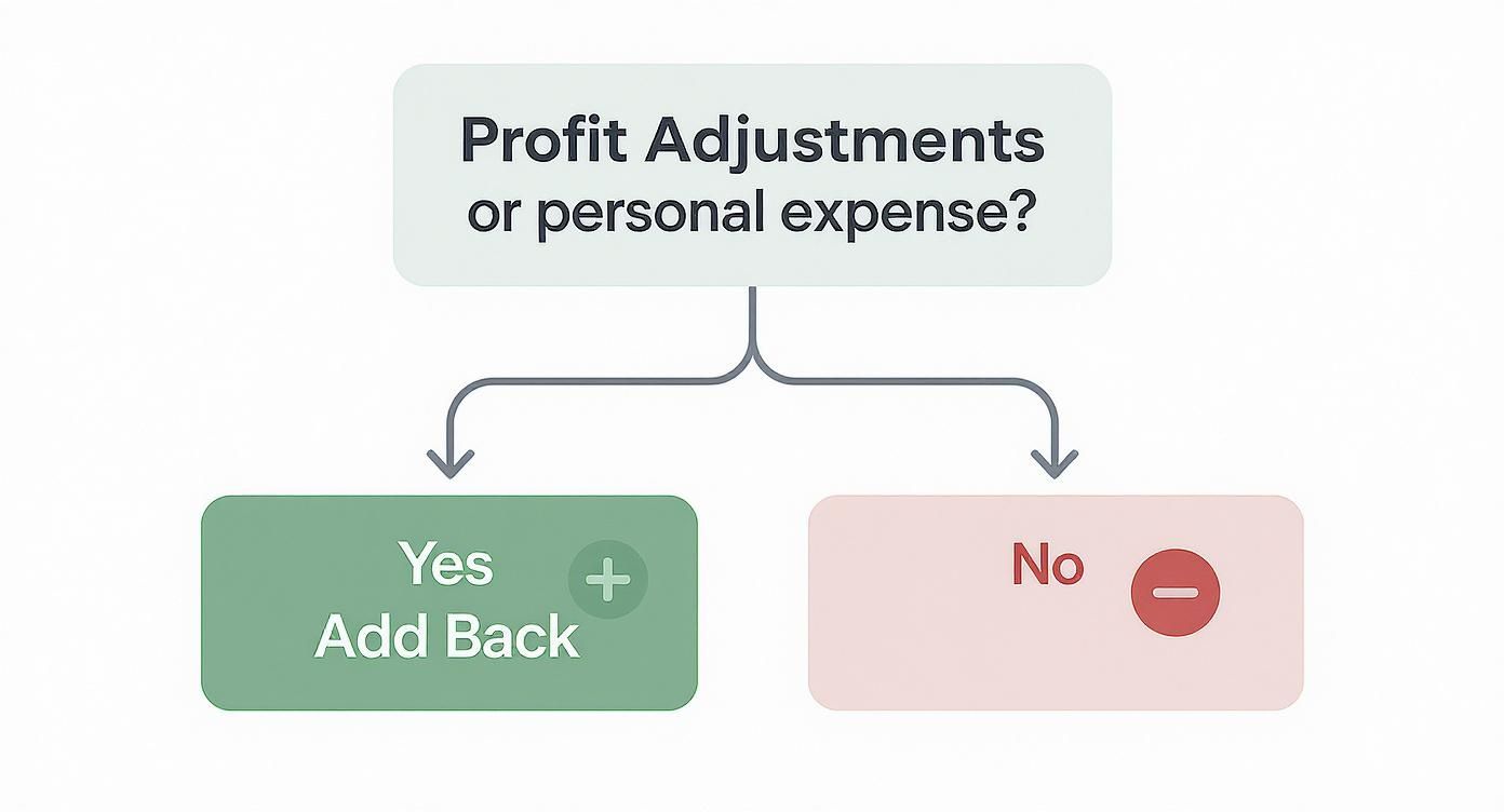 Decision flowchart showing profit adjustments add back versus personal expense options for business valuation