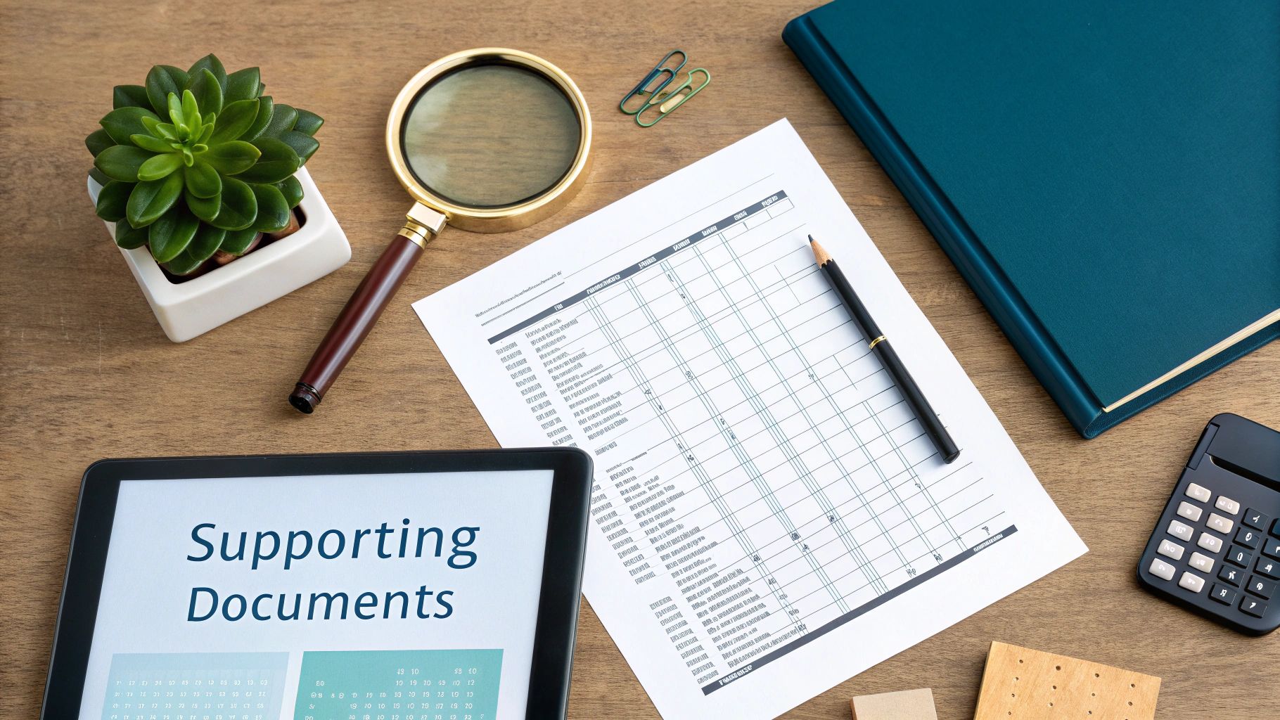Business valuation supporting documents spreadsheet with calculator magnifying glass and office supplies on desk