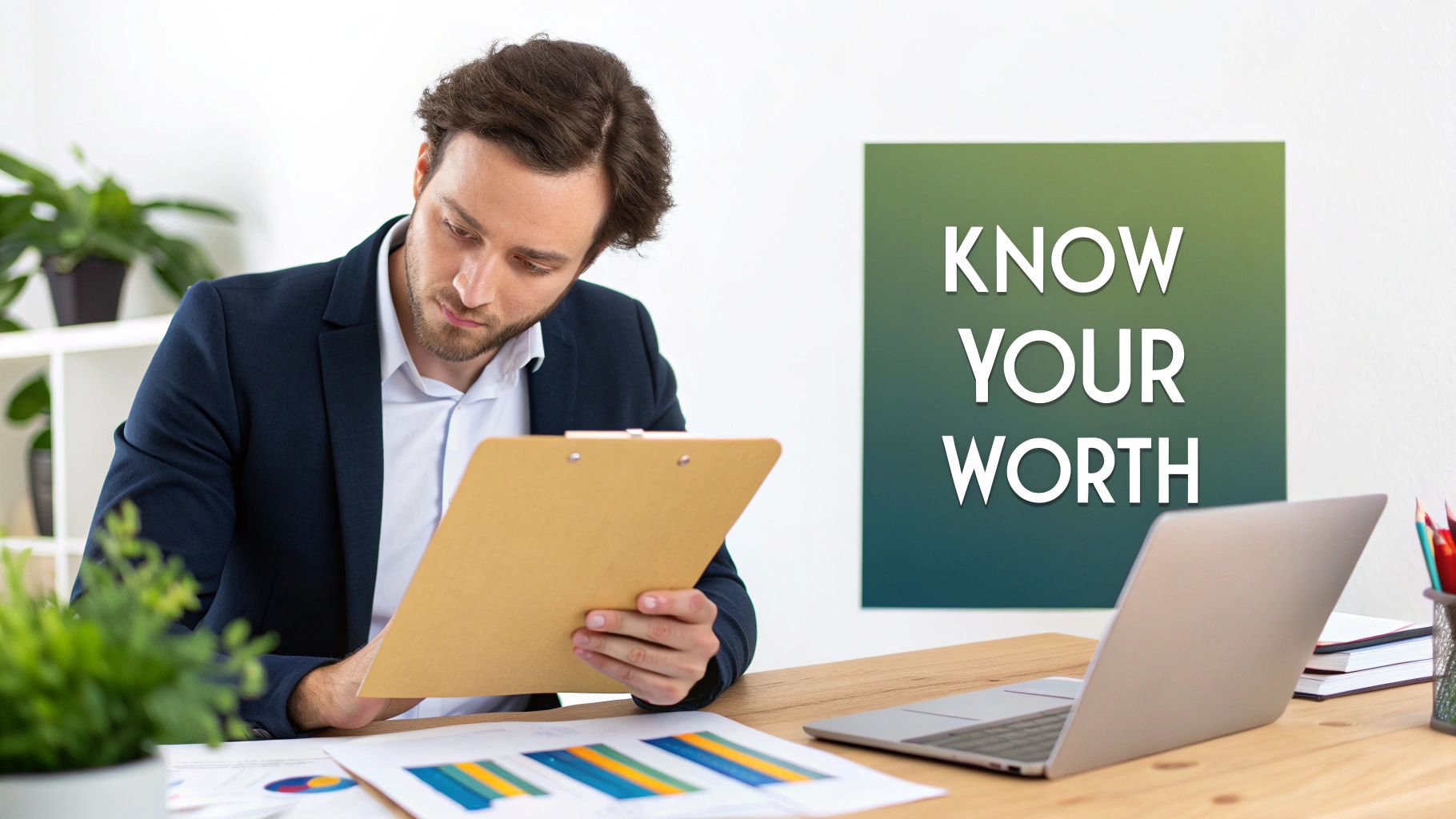 Business professional reviewing financial documents and charts to determine company valuation and worth