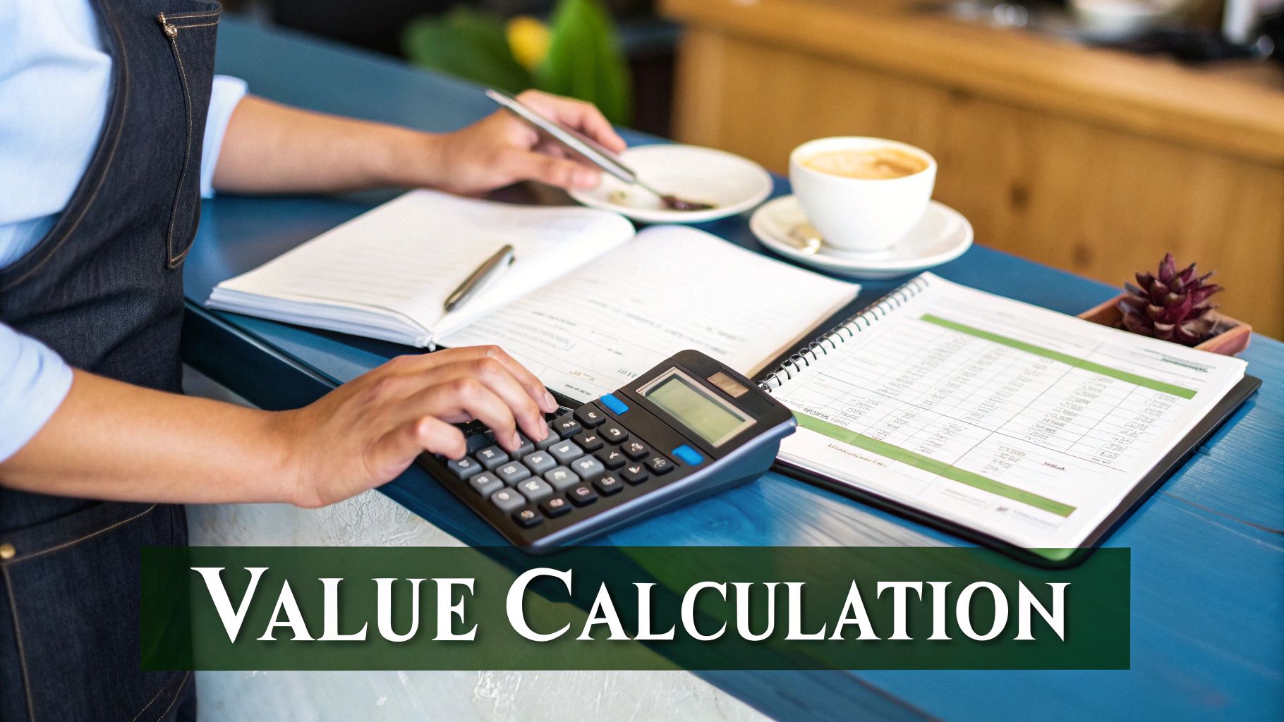 Professional businesswoman using calculator reviewing financial documents and spreadsheets for business valuation analysis