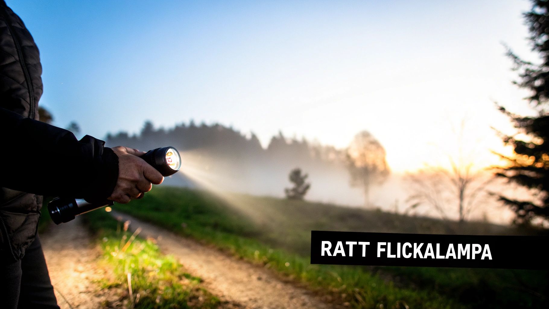 A person holding a flashlight illuminating a misty path in nature at sunrise.