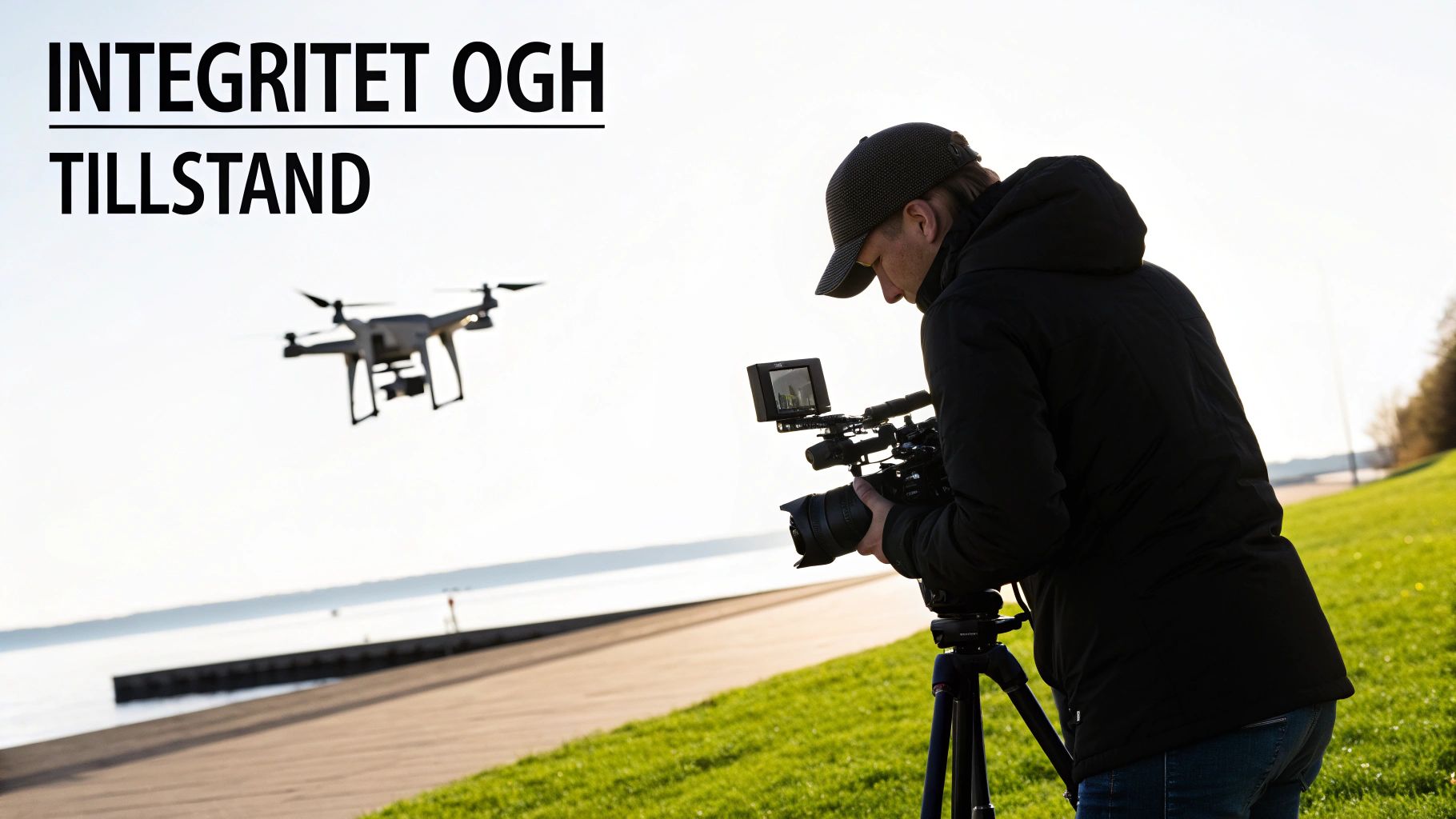 Drönare som filmar ett landskap, vilket representerar fotografering och videoinspelning med drönare.