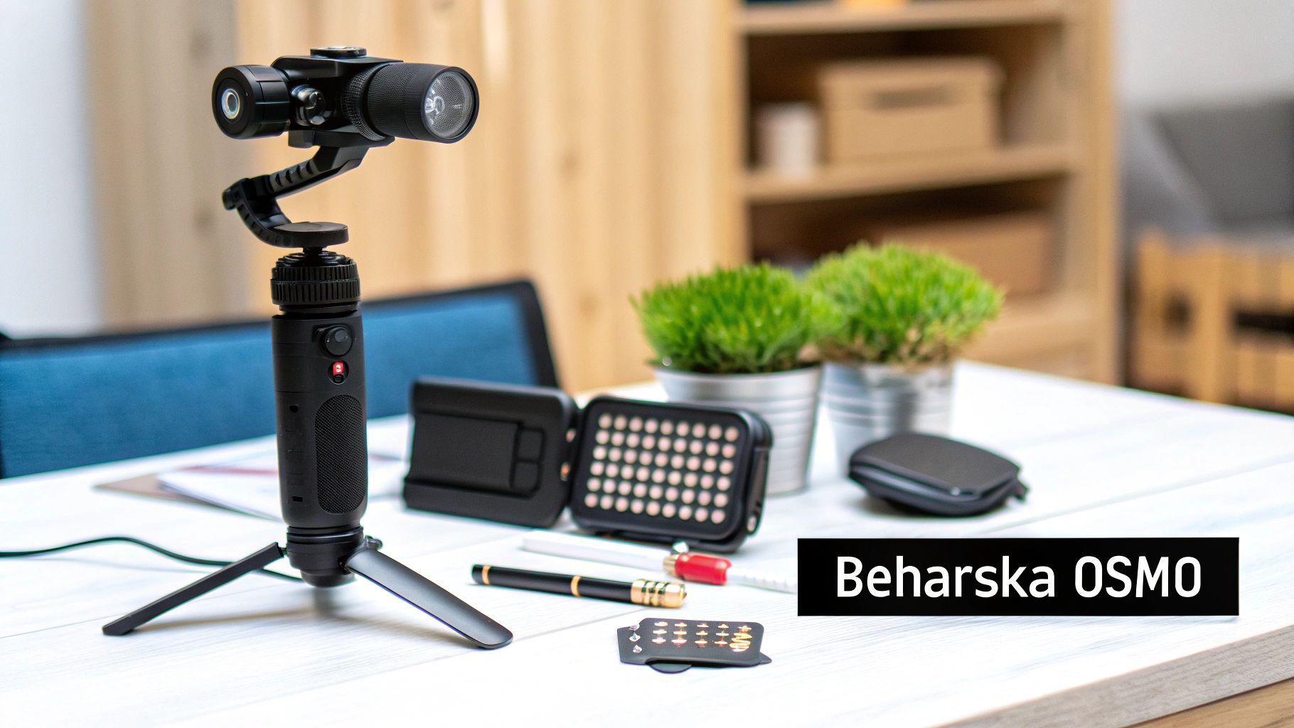 Et DJI Osmo-kamera med tilbehør såsom et stativ, lys og penne på et hvidt træbord.