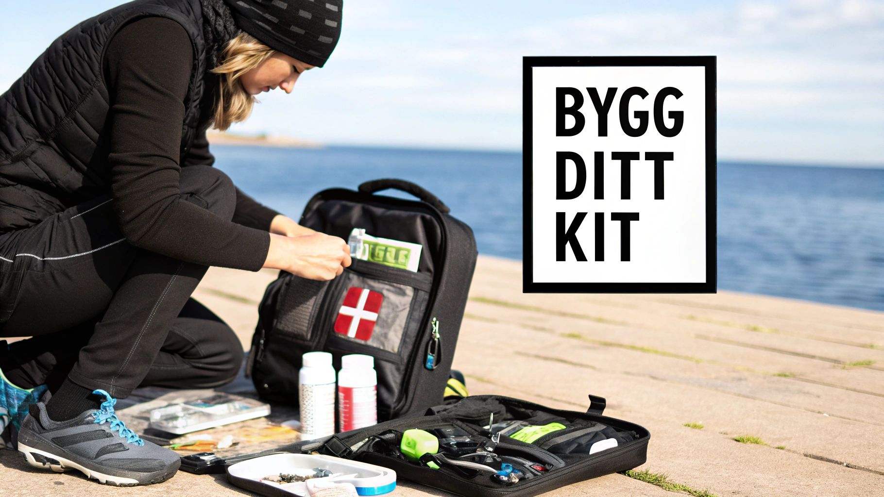 En välorganiserad överlevnadsryggsäck med utrustning utlagd bredvid.