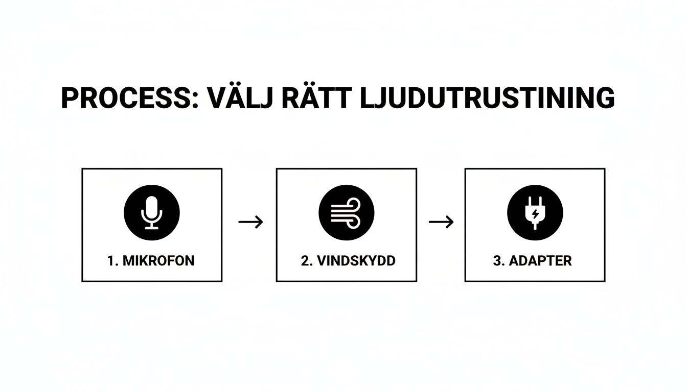 A process image showing three steps for choosing the right audio equipment: microphone, windscreen, and adapter.