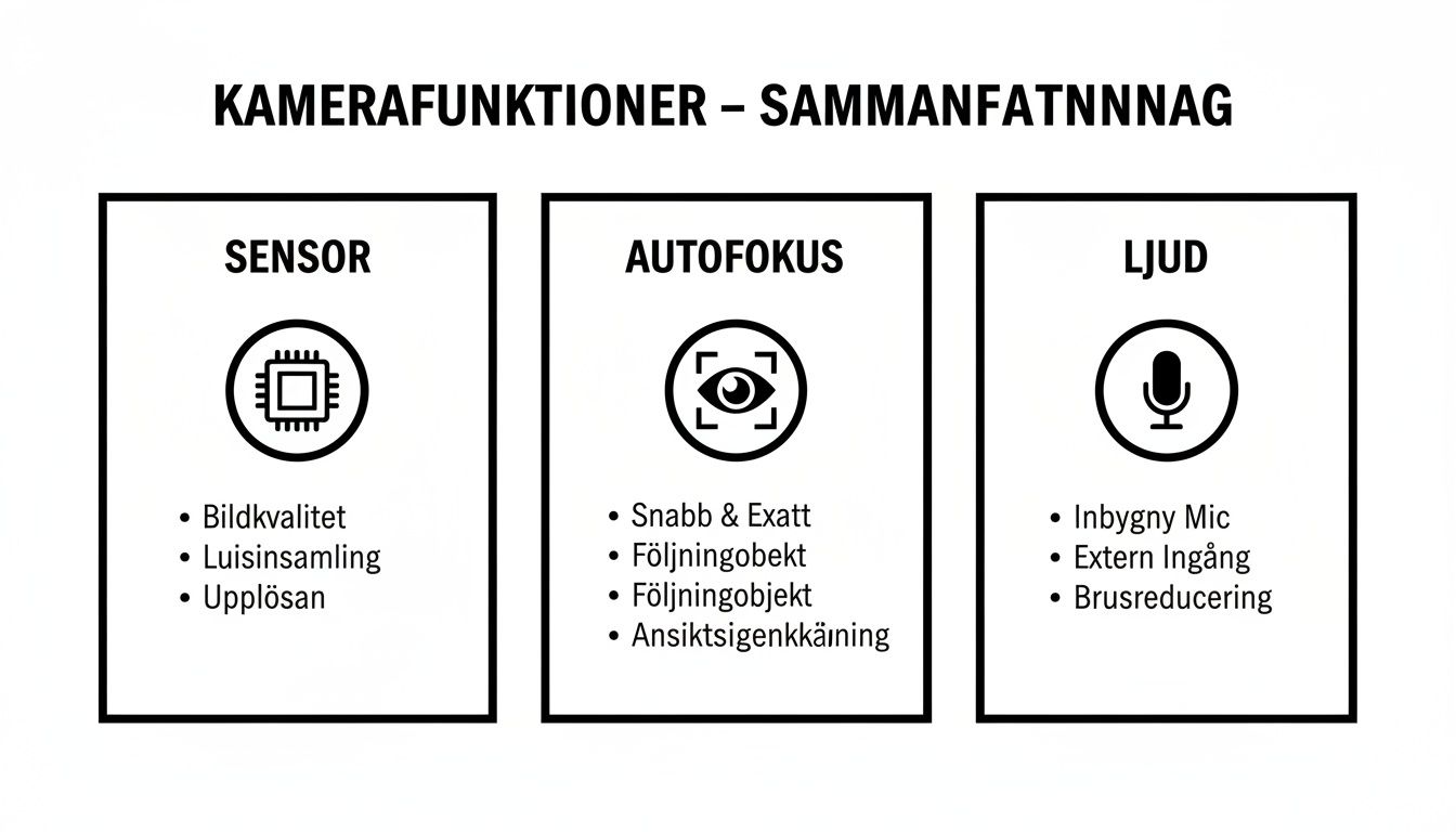 A graphic summary of camera features, divided into sensor, autofocus, and sound with detailed specifications.
