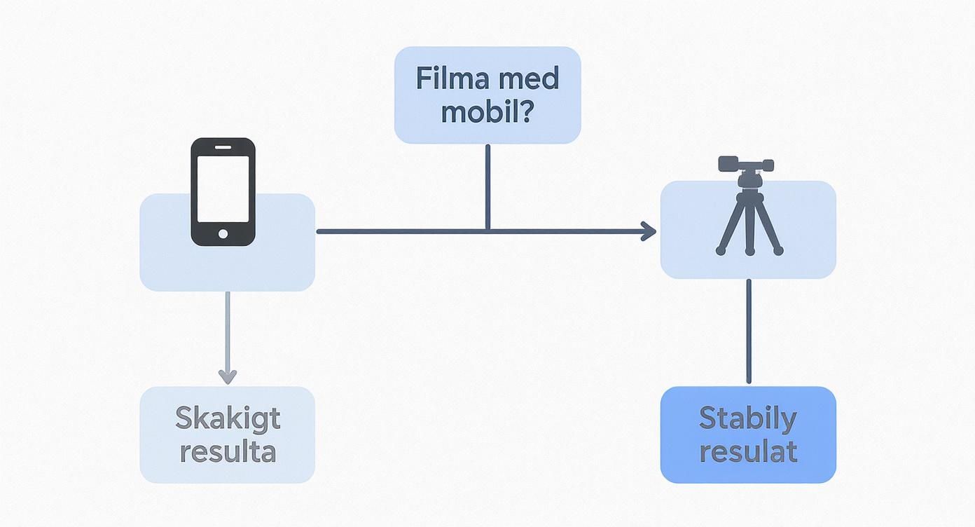 Flowchart, der viser, at filmning med en håndholdt mobiltelefon giver rystede resultater, mens et stativ giver stabile resultater.