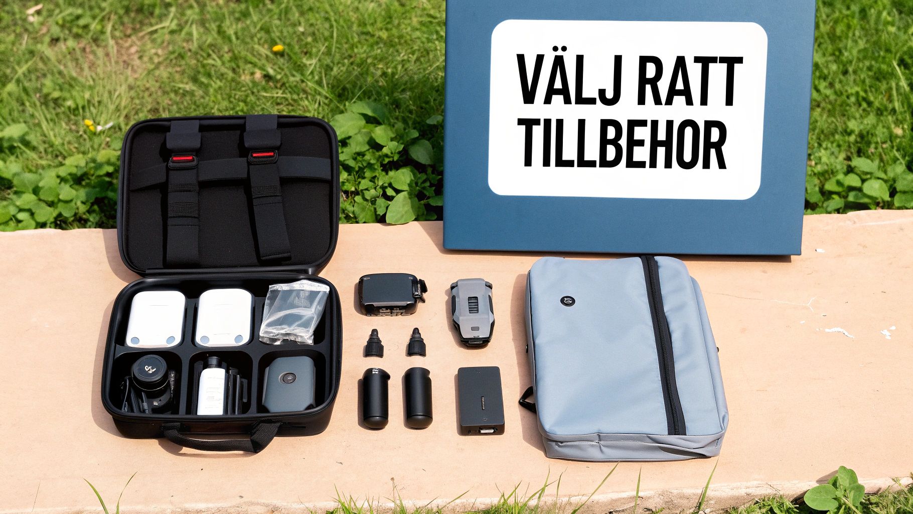 Tillbehör för Mavic 3 Pro utspridda på ett bord
