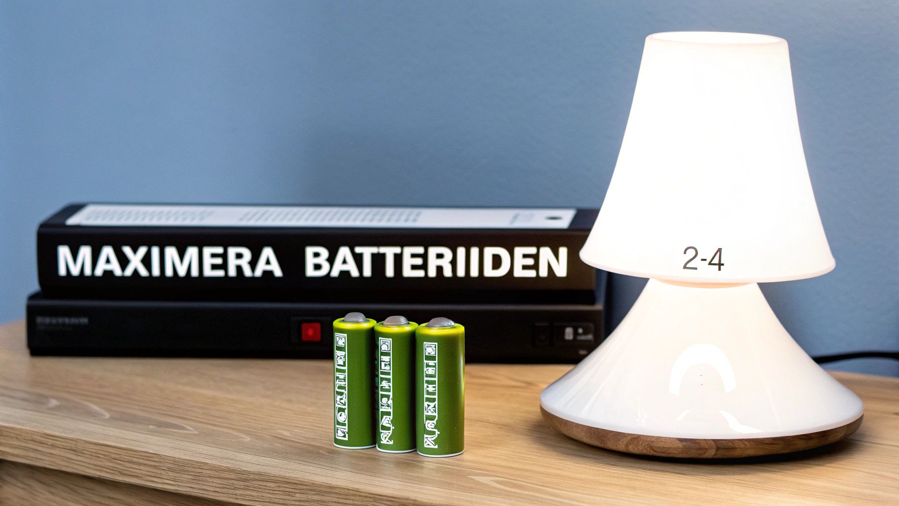 En vit LED-lampa med träbotten, tre gröna batterier och en svart låda med text på ett träbord.