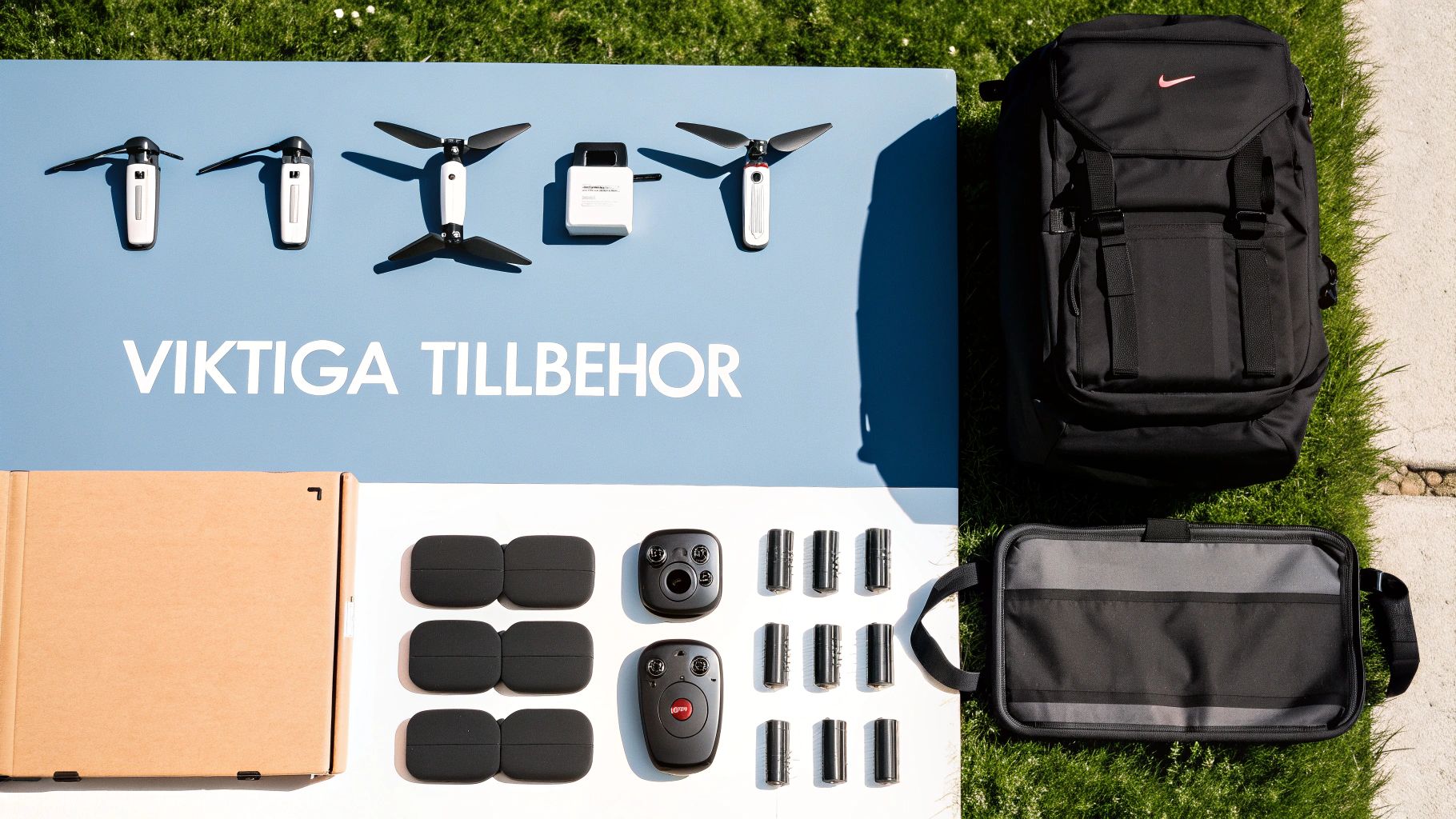 En samling av oumbärliga tillbehör för en drönare med kamera, inklusive batterier, filter och en landningsplatta