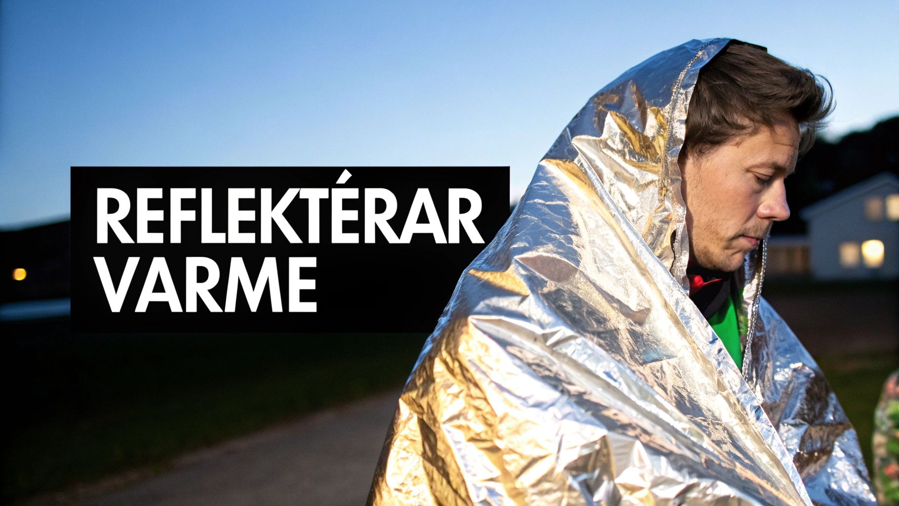 En närbild som visar texturen på en silverfärgad nödfilt.