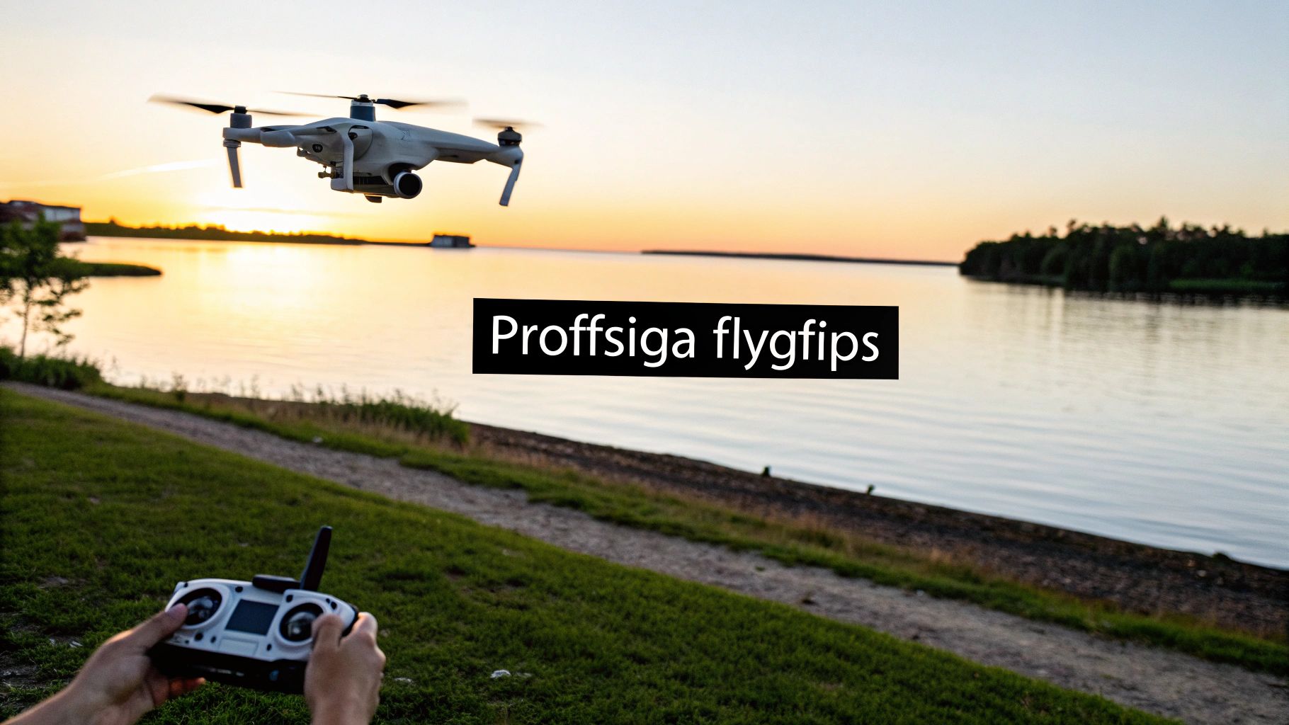 En DJI Mini 5 Pro drönare i aktion under den gyllene timmen.