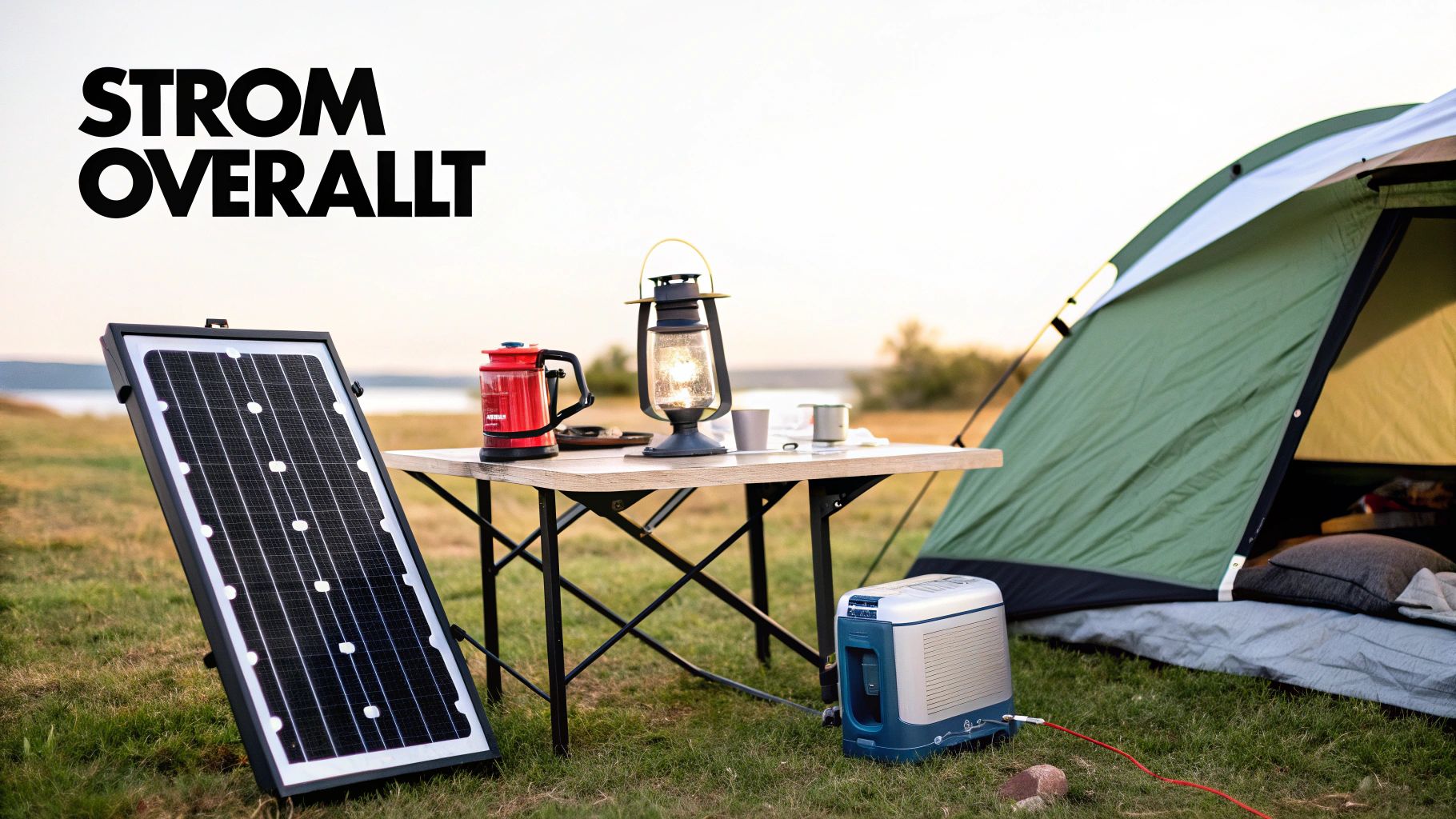 En portabel solcellspanel och en powerstation används under en campingtur i skogen.