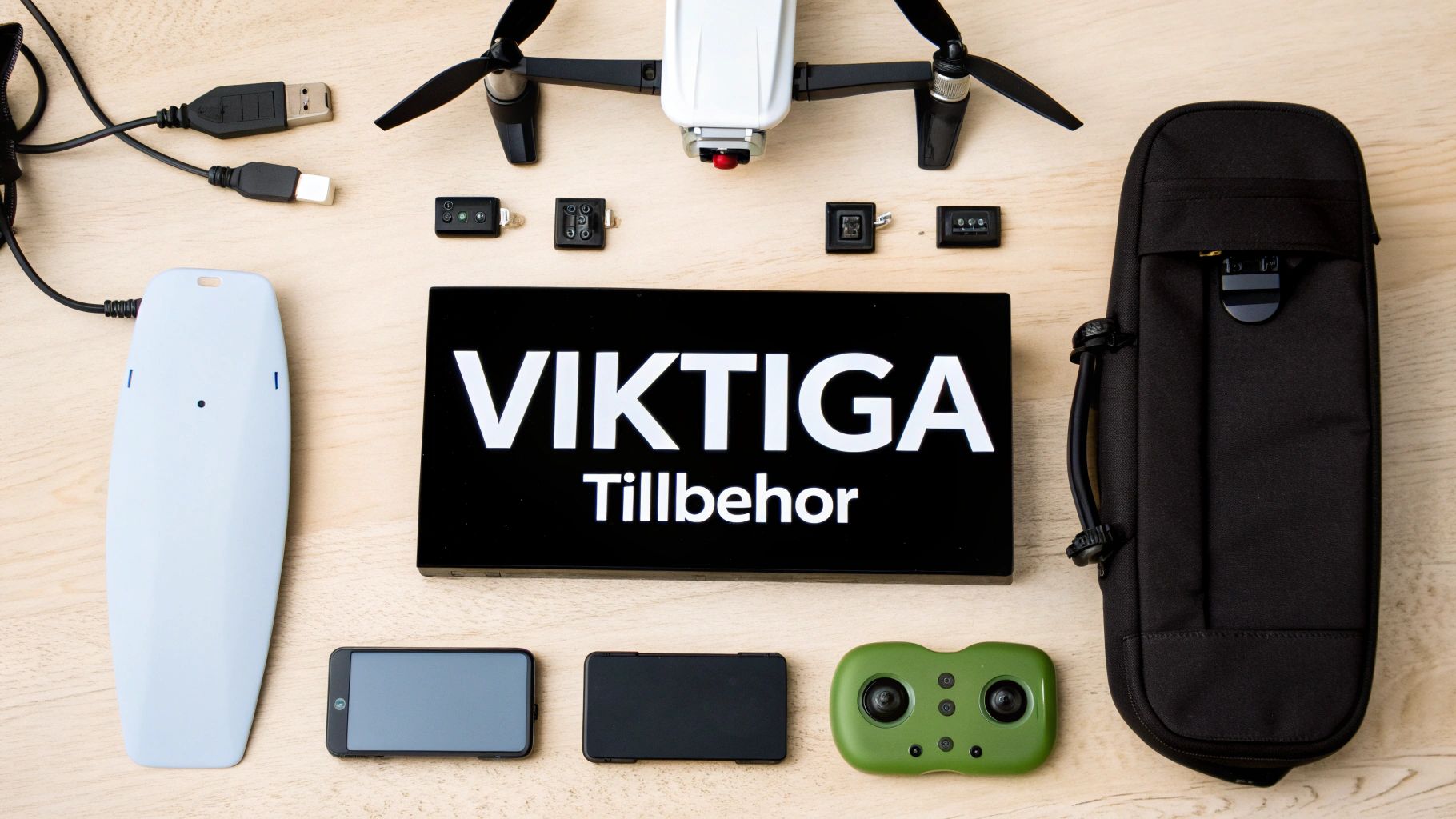 En drönare med tillbehör, inklusive fjärrkontroll, moduler och kablar, upplagda på ett träbord.