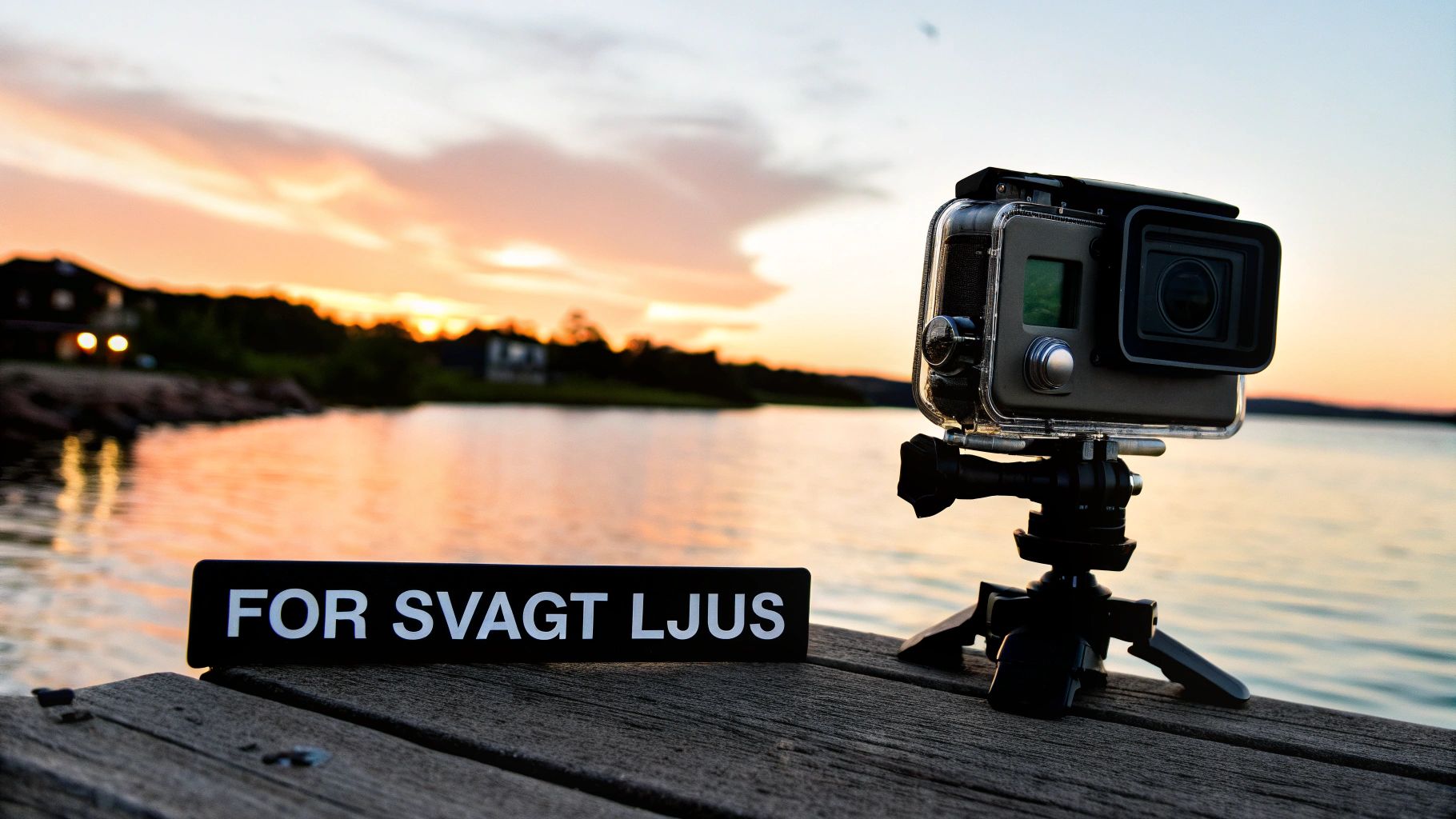 DJI Osmo Action 5 Pro som fångar en dramatisk solnedgång över ett bergslandskap.