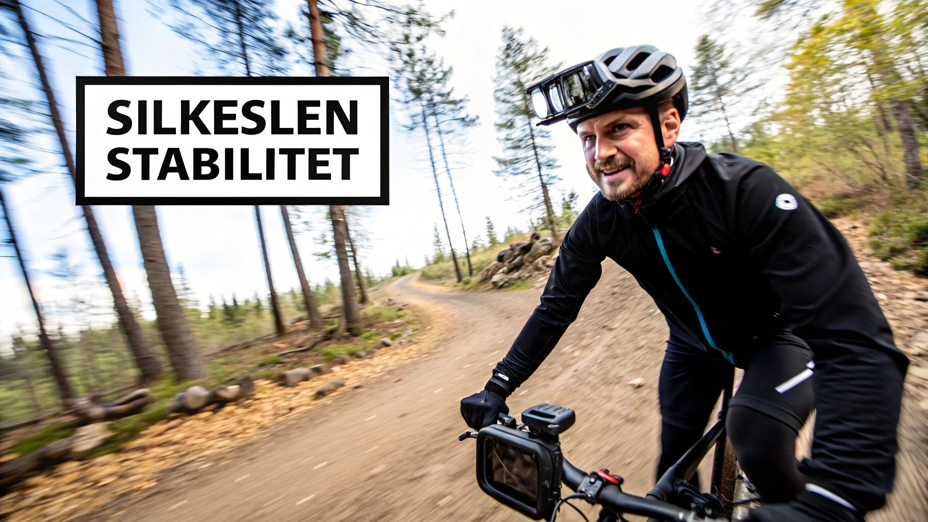 Mies ajaa pyörällä metsäpolulla kamera kypärässään, ja näytöllä näkyy teksti 'SILKLESS STABILITY'.