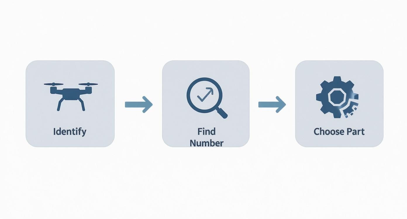 Ett diagram som illustrerar de tre stegen för att identifiera och välja drönarreservdelar.