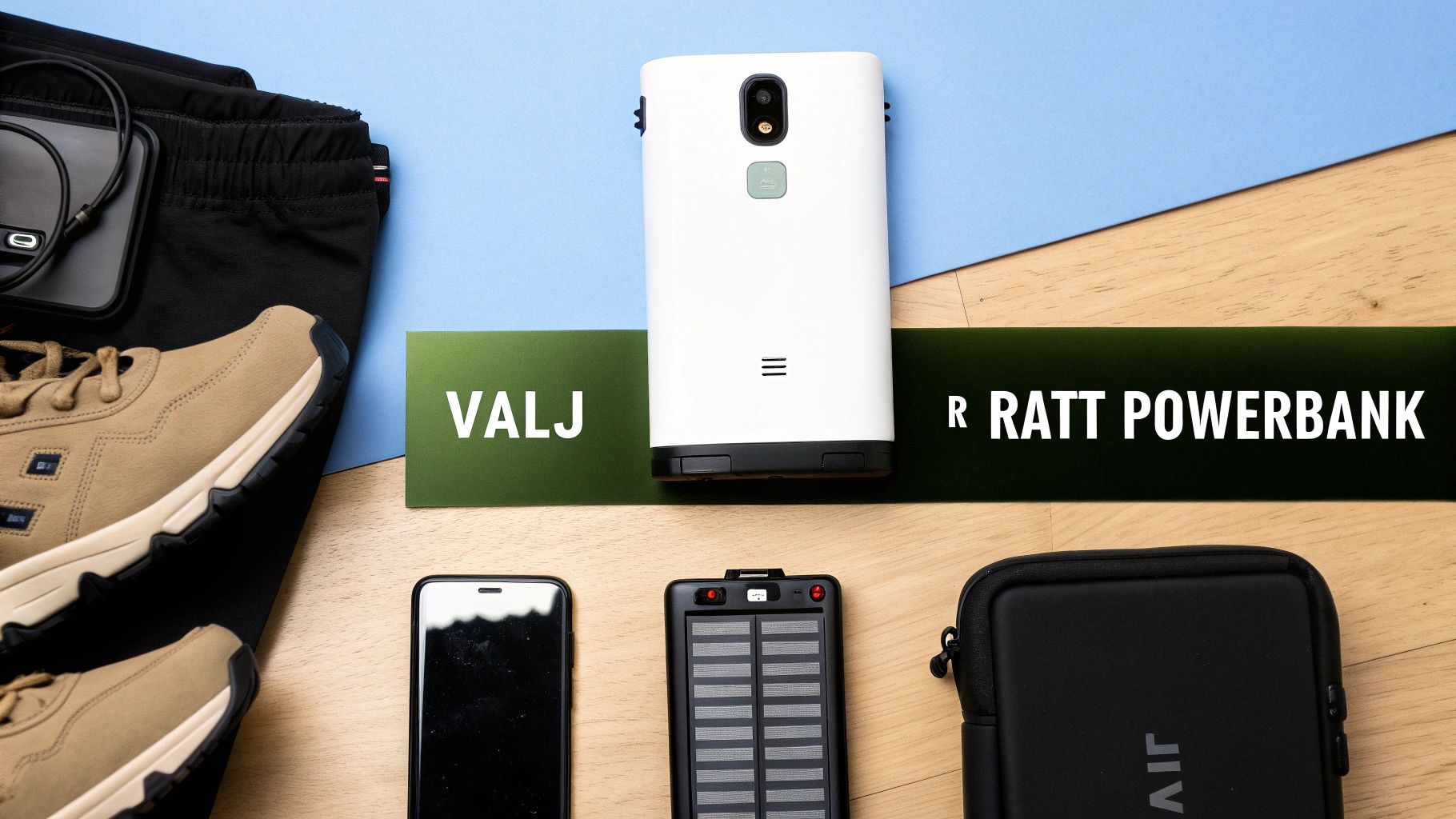 A collection of outdoor and travel accessories including a power bank, solar charger, phone, shoes, and clothes.