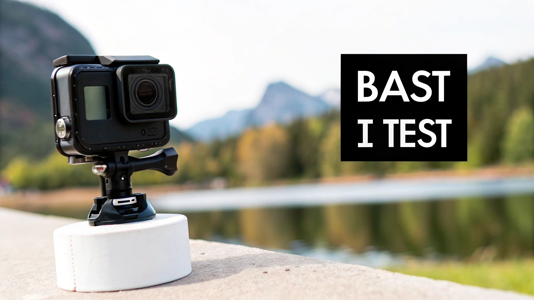 Person som filmar med en actionkamera monterad på hjälmen under en cykeltur i skogen.