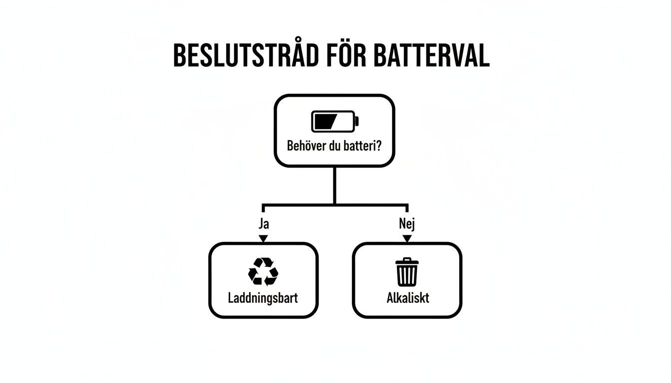 Diagram over batterivalg, der spørger, om du har brug for et batteri. Ja fører til genopladeligt batteri, nej til alkalisk batteri.