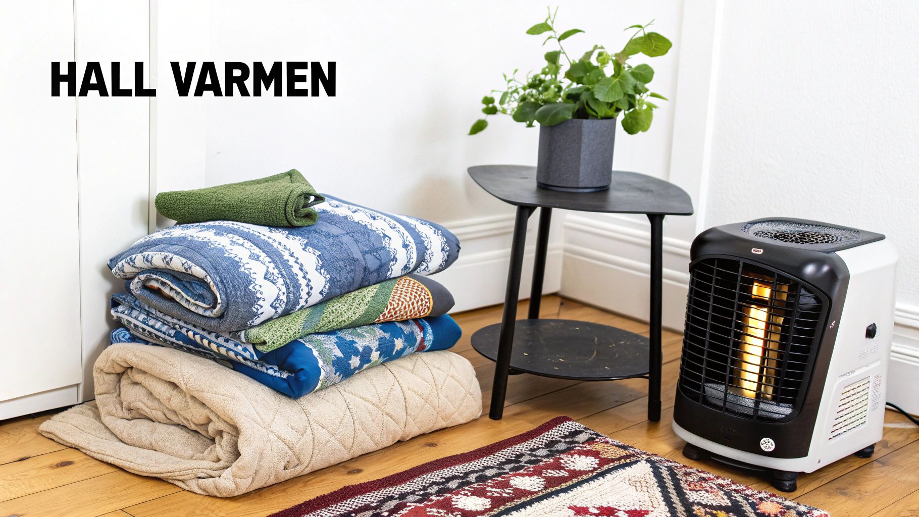 En hög med varma filtar, en portabel värmefläkt och en växt i ett hem. För att hålla värmen.