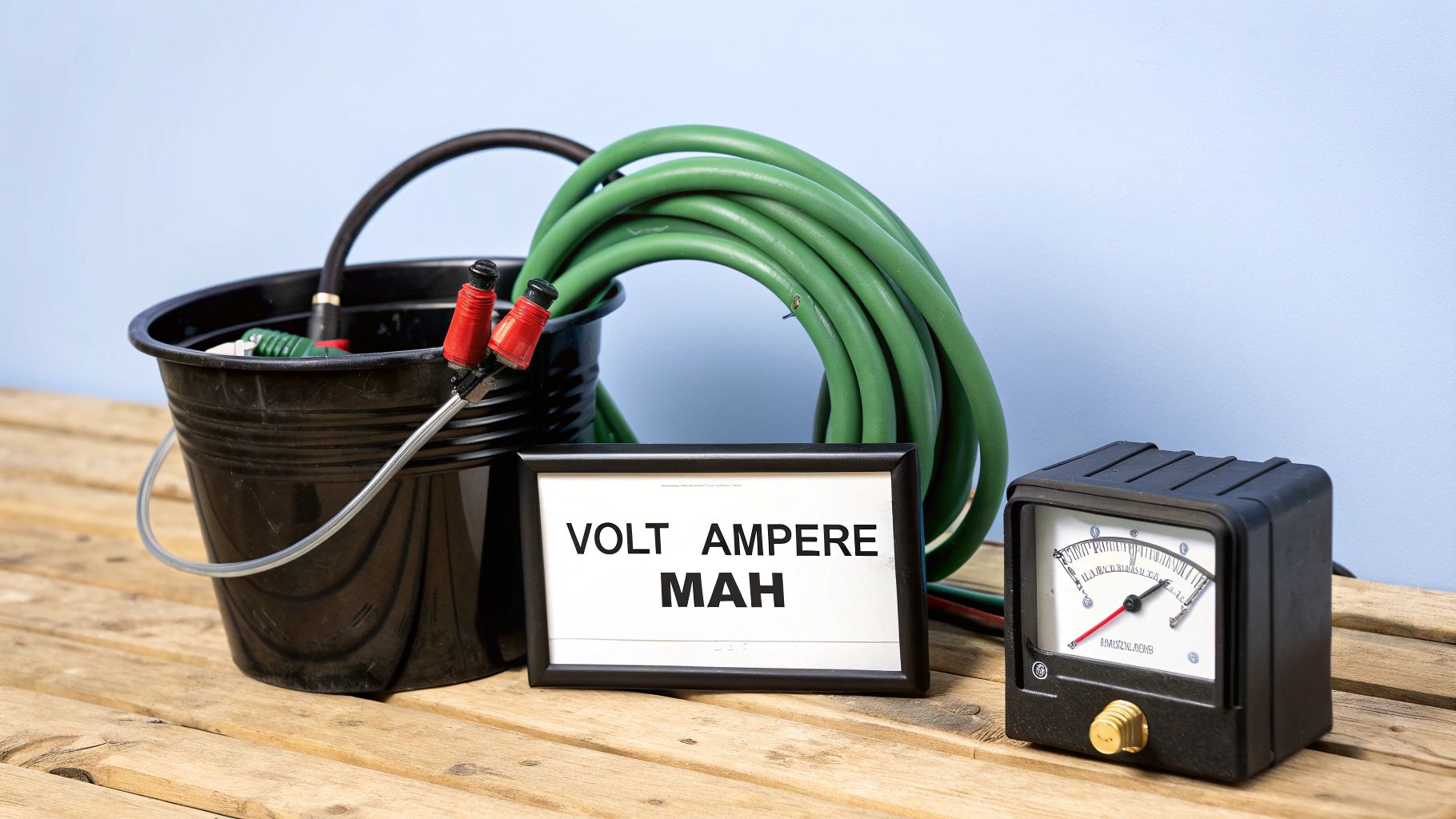 Billede af en sort spand med en grøn slange, et skilt med teksten "Volt Ampere Mah" og en analog måler på træplanker.
