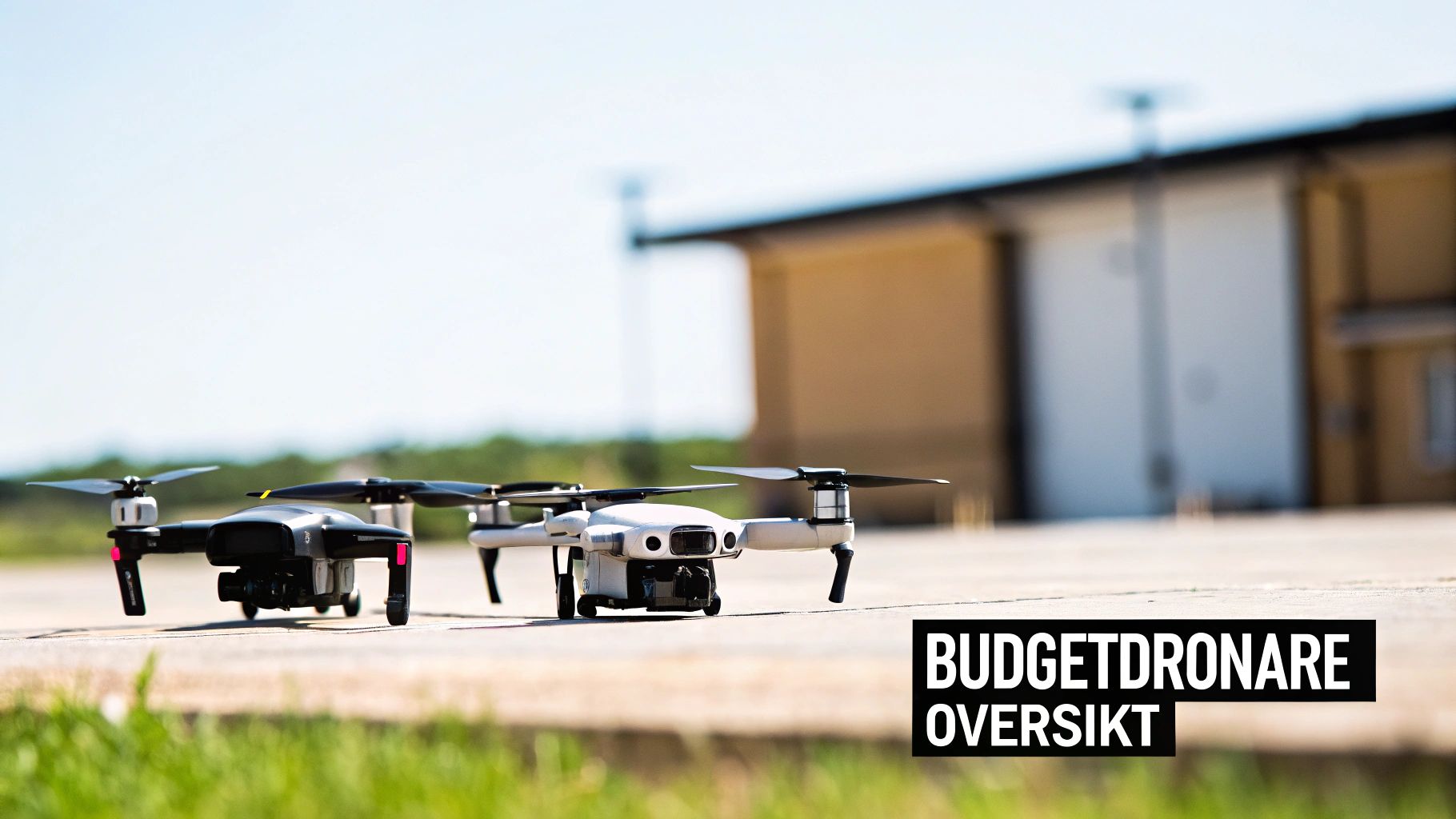 En person som håller en liten, hopfällbar drönare i handen, redo för flygning i ett utomhuslandskap.