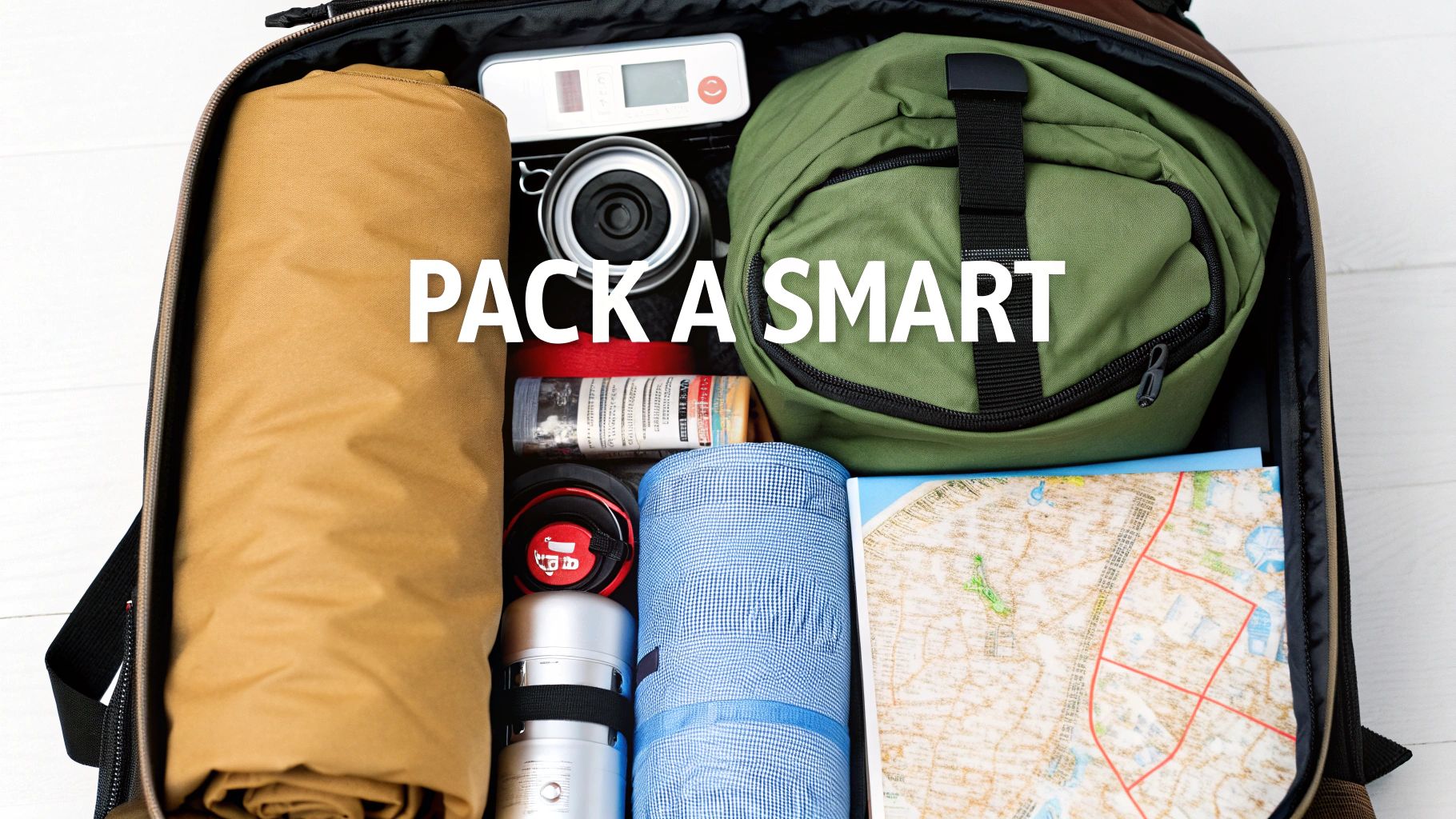 En noggrant packad ryggsäck redo för ett vandringsäventyr