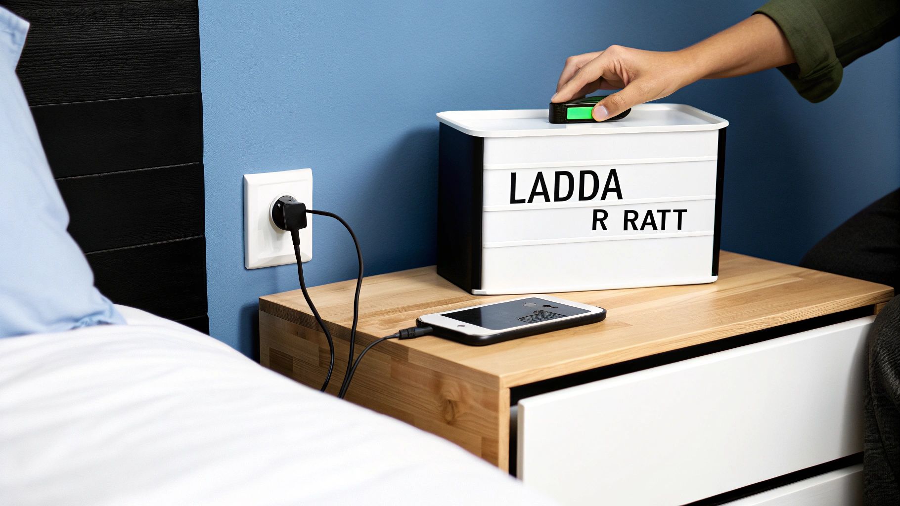 En person oplader sin smartphone ved siden af ​​en lysboks på et natbord med teksten 'CHARGE R RATT'.