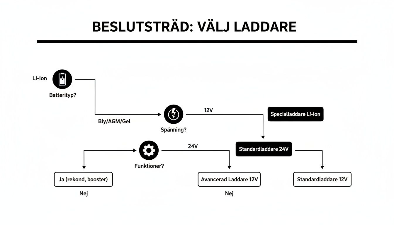 Et beslutningstræ, der viser, hvordan man vælger den rigtige oplader baseret på batteritype, spænding og funktioner.