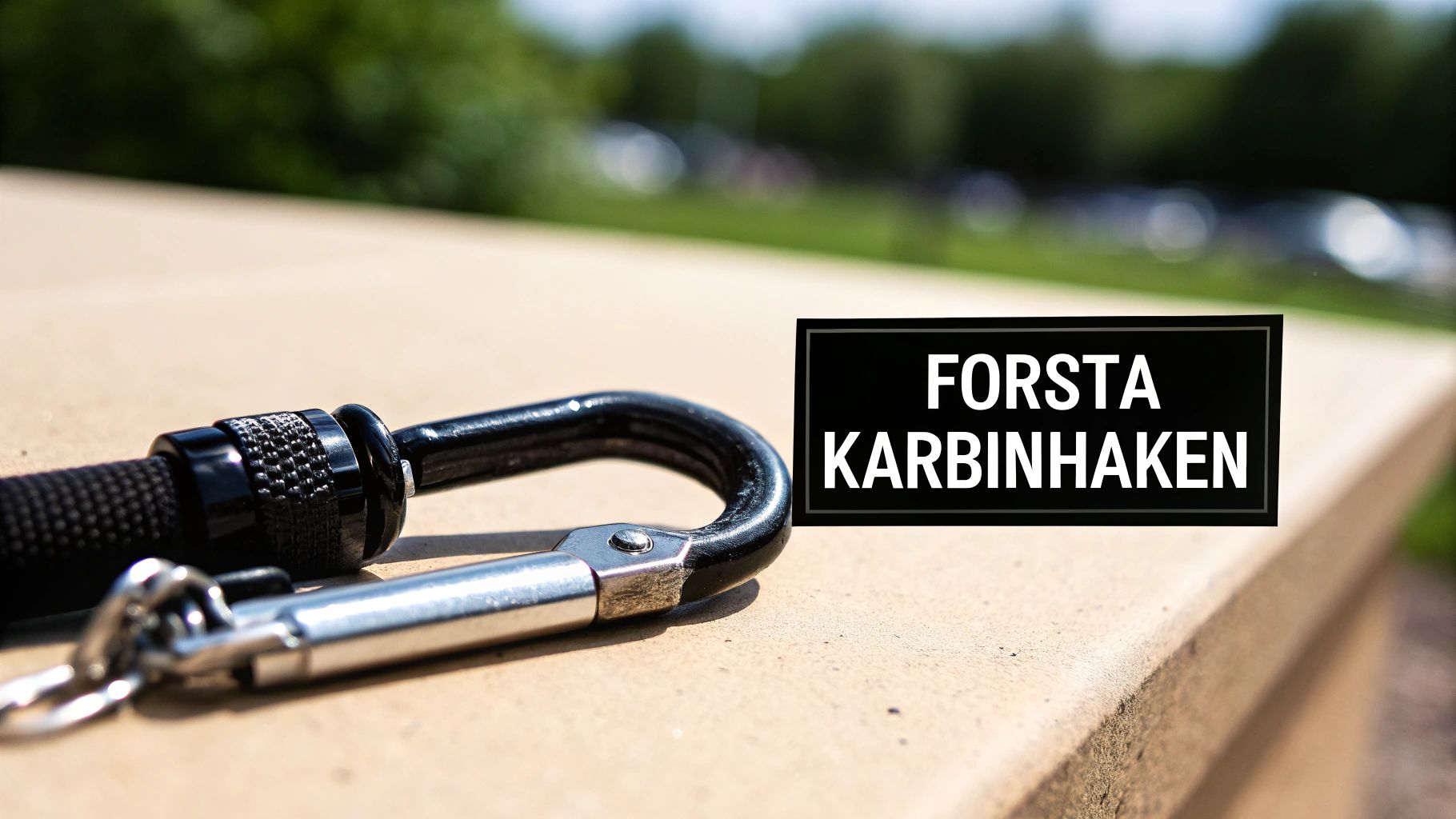 Lähikuva mustasta ja hopeanvärisestä sulkurenkaasta vaalealla pinnalla, jossa teksti "FIRST CARABINER".