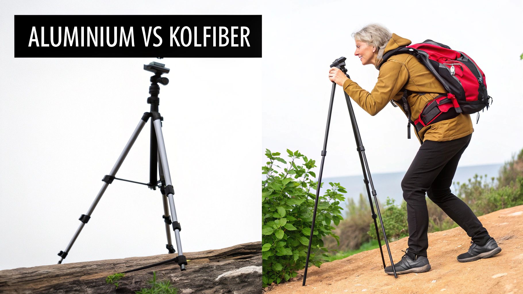 En fotograf justerar ett kamerastativ i en utomhusmiljö