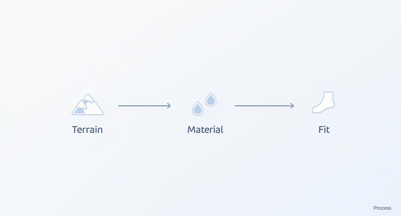 Infographic som visar processen att välja vandringsskor, med steg för terräng, material och passform.