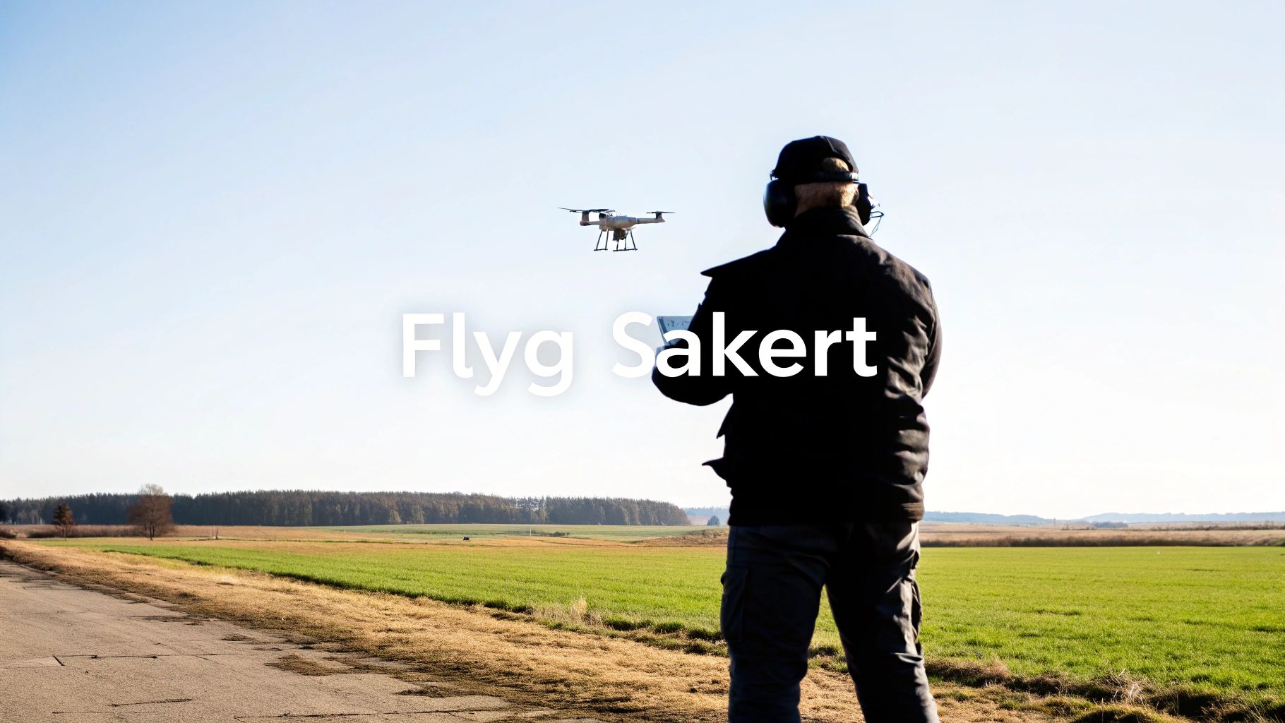 Henkilö ohjaa dronea avoimen pellon yllä, kuvassa lukee "Lennä turvallisesti".