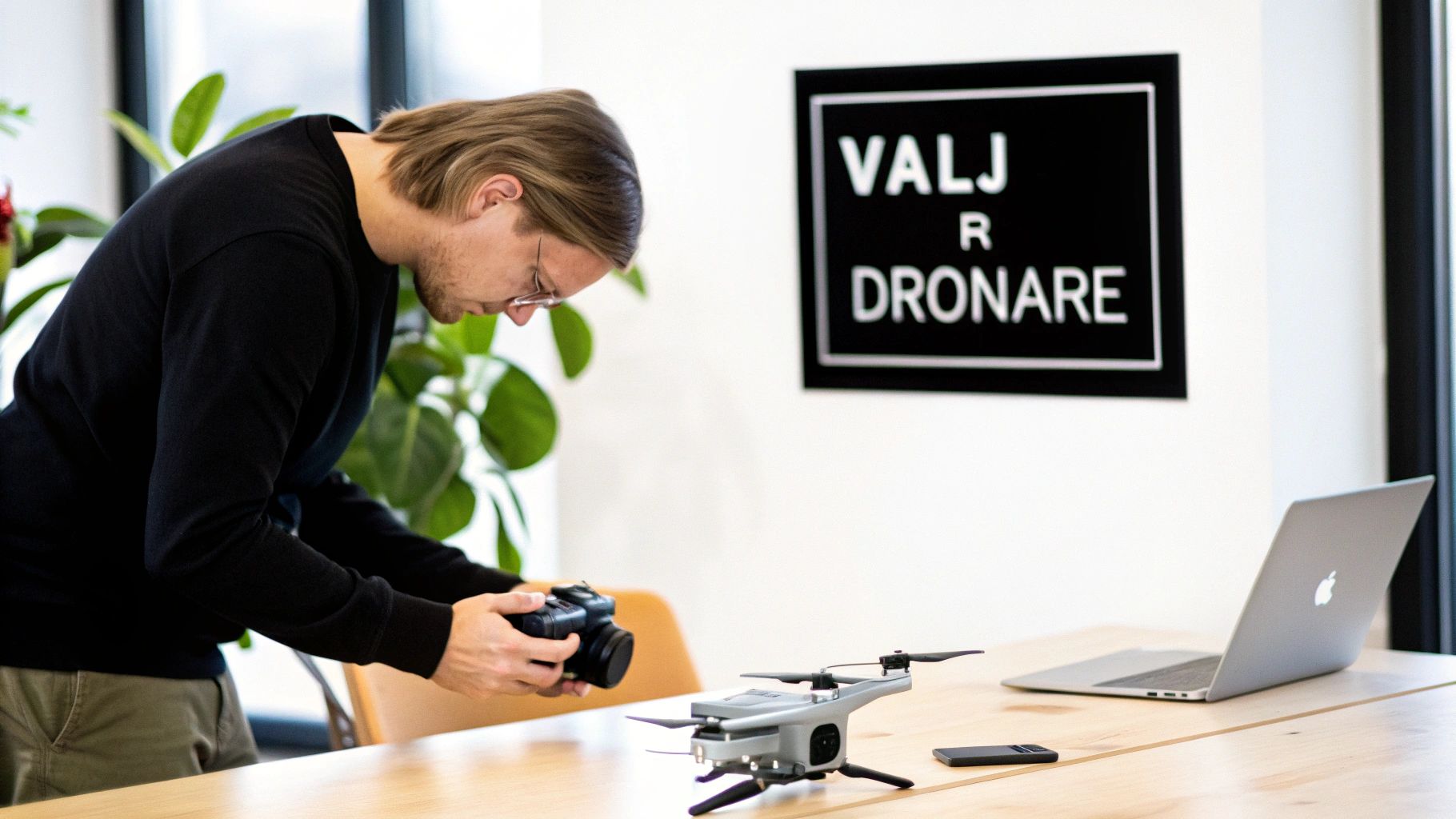 En person håller upp en modern kameradrönare mot en blå himmel, redo för start.