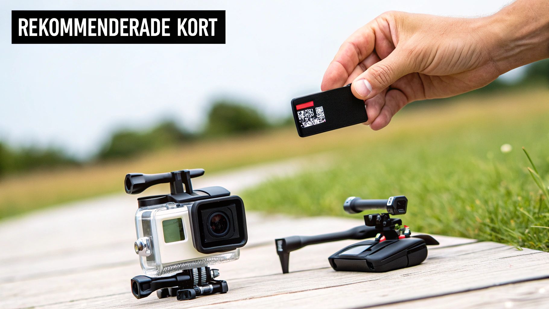 En hånd holder et sort hukommelseskort over et GoPro-kamera på en træsti. Tekst: Anbefalede kort.
