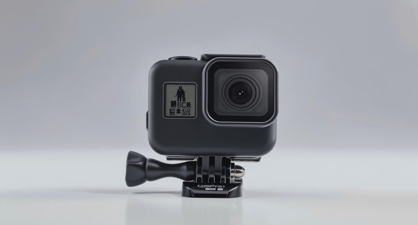 Musta GoPro Hero -kamera, jonka näyttö näkyy, kiinnitettynä jalustaan.