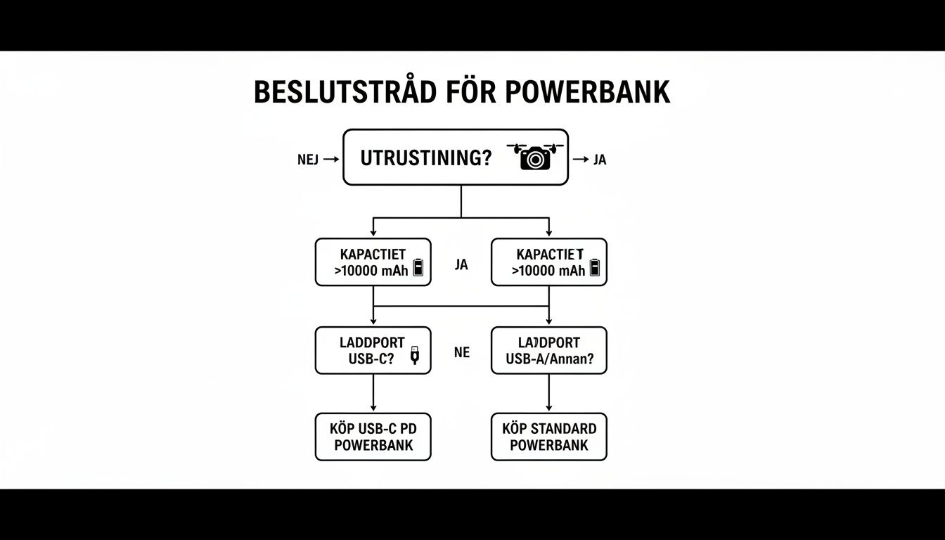 Decision tree for choosing the right power bank based on equipment, capacity, and charging port type.