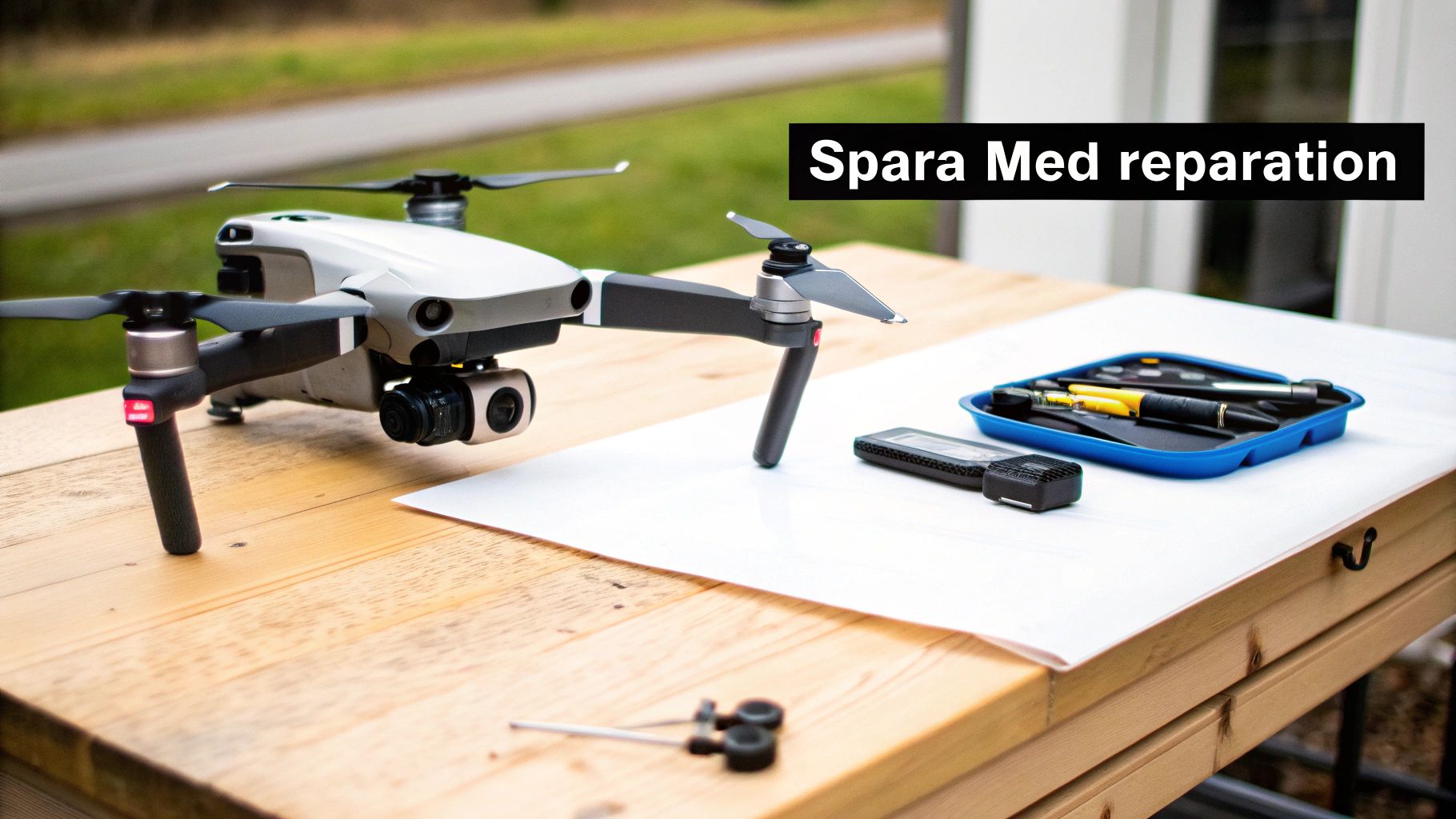 En DJI-drönare står på ett träbord bredvid reparationsverktyg och en skylt som säger 'Spara Med reparation'.