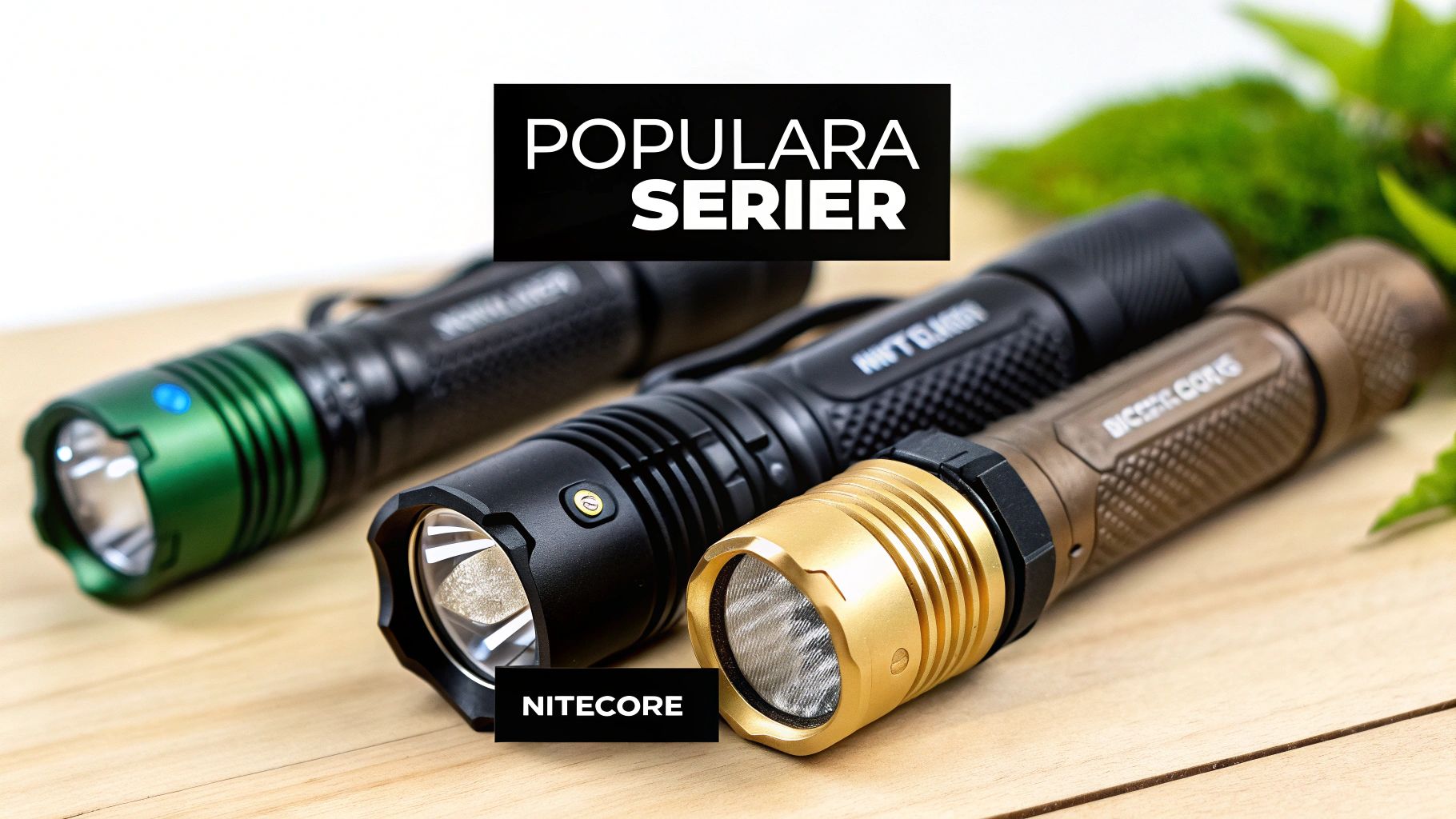 En samling av Nitecores olika produkter, inklusive ficklampor, pannlampor och powerbanks.